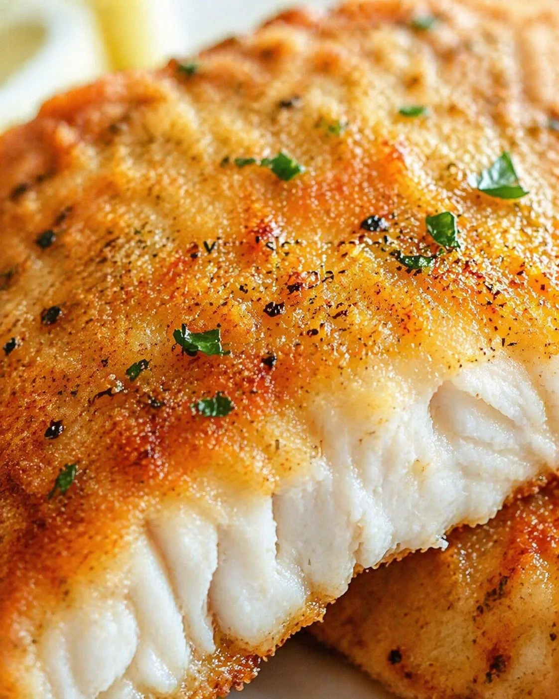 Close-up of a golden-brown crusted fish fillet with white flaky meat and chopped parsley.