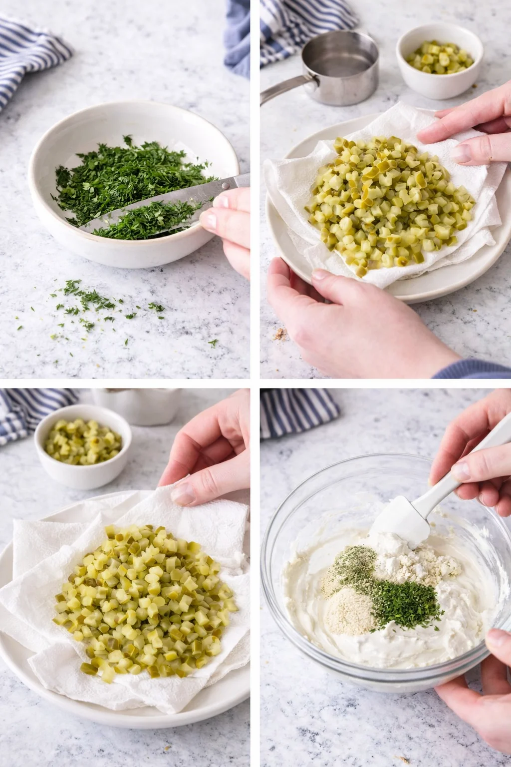 collage of four-step food prep showing parsley chopping, diced pickles, and mixing into a creamy dip
