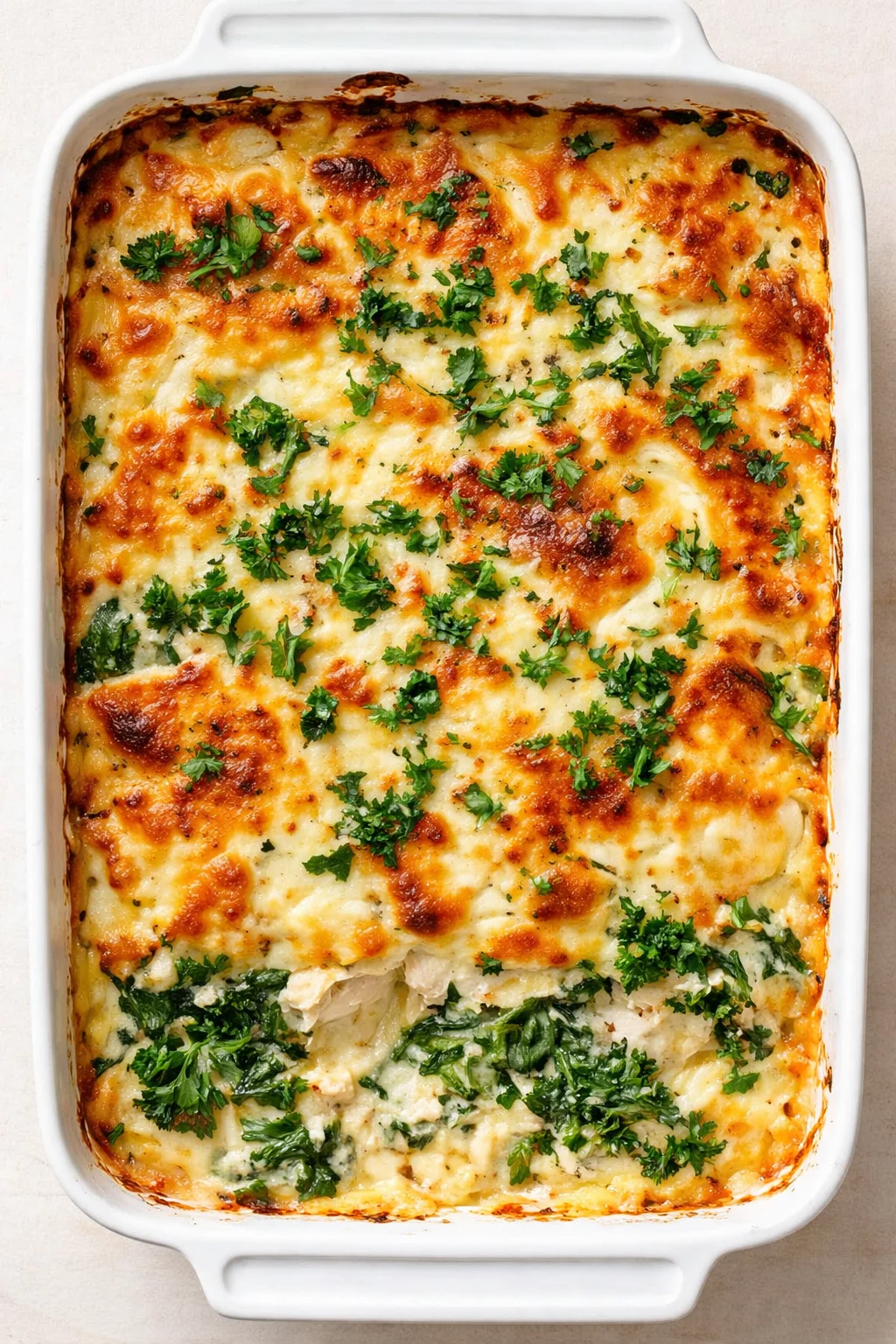 white ceramic baking dish with golden-brown cheesy casserole, topped with chopped parsley