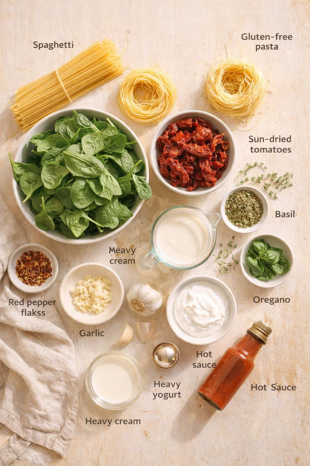 Top-down flat lay of pasta ingredients: spinach, sun-dried tomatoes, herbs, garlic, cream, and hot sauce.