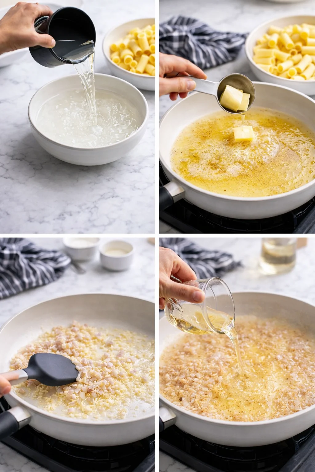 four-panel collage showing cooking steps: pouring liquid, melting butter, adding ham, and pouring wine into a pan.
