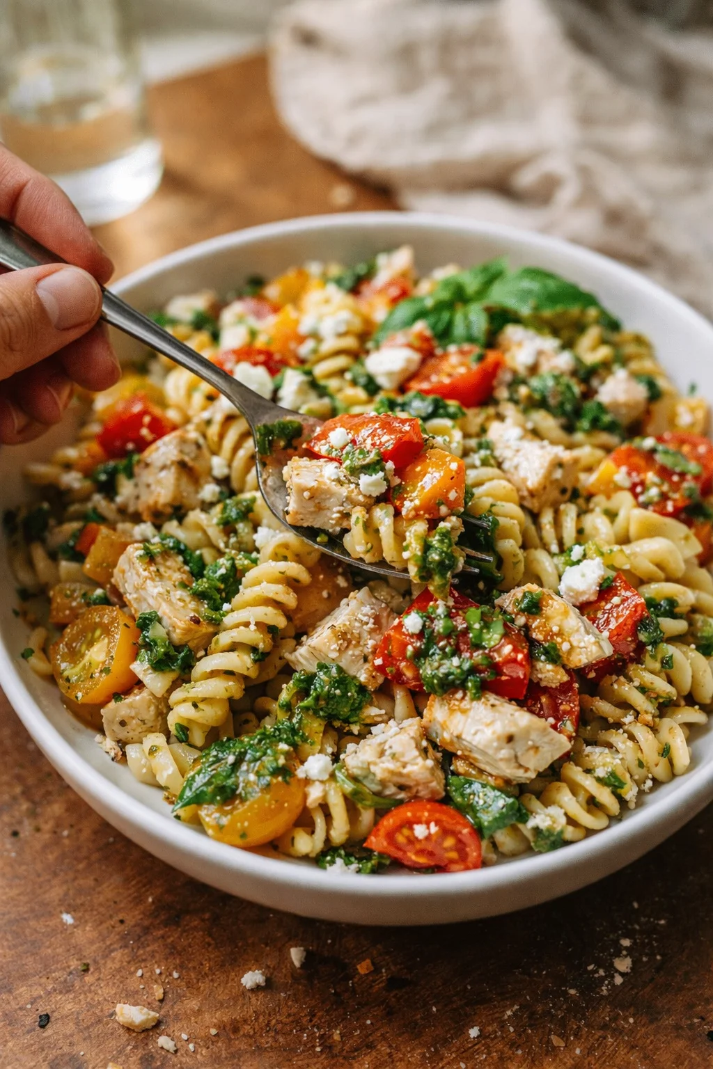 Close-up of a white bowl of fusilli pasta with chicken, tomatoes, greens, and crumbled cheese.