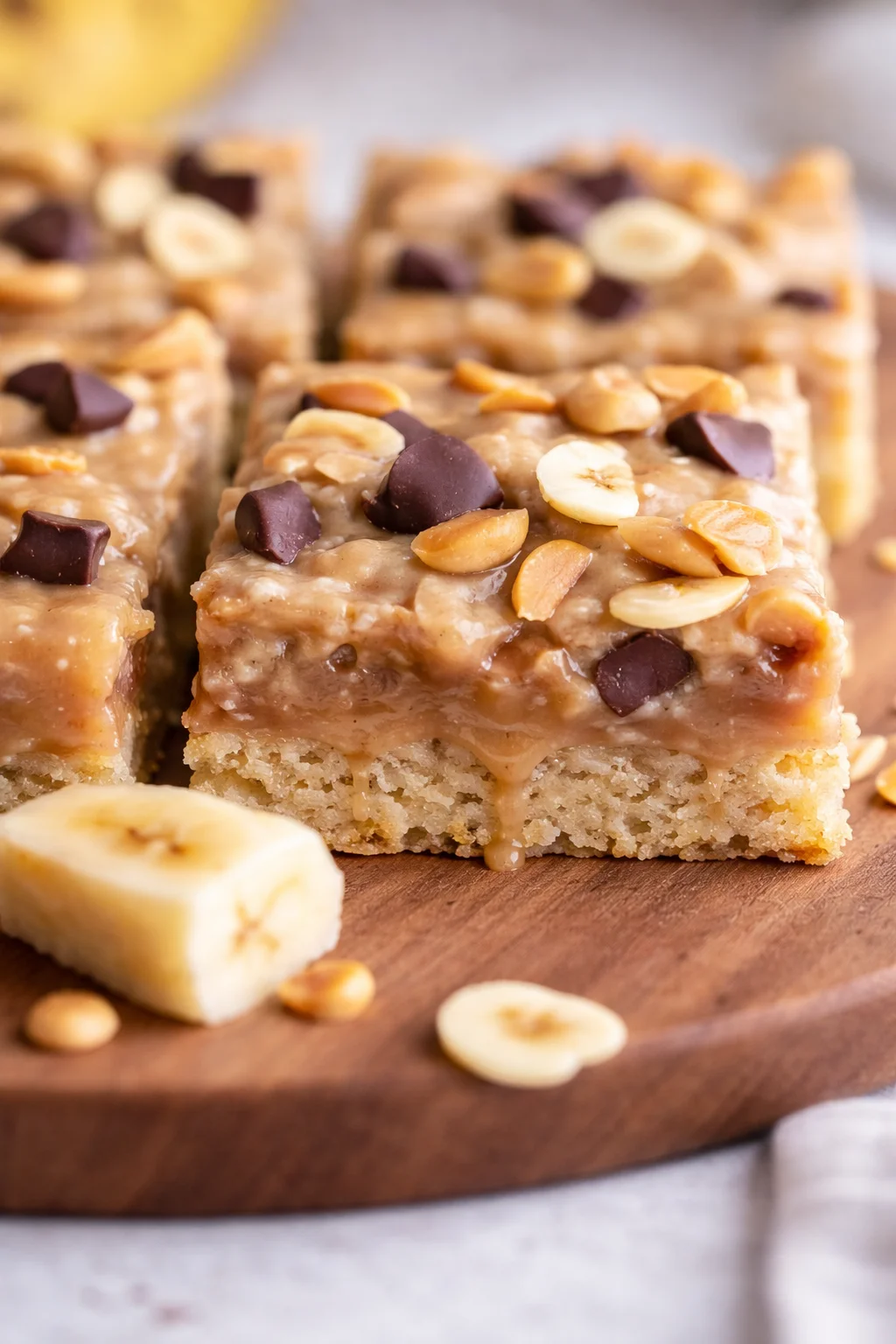 Close-up of square peanut butter bars with caramel topping, peanuts, banana slices, and chocolate chunks.