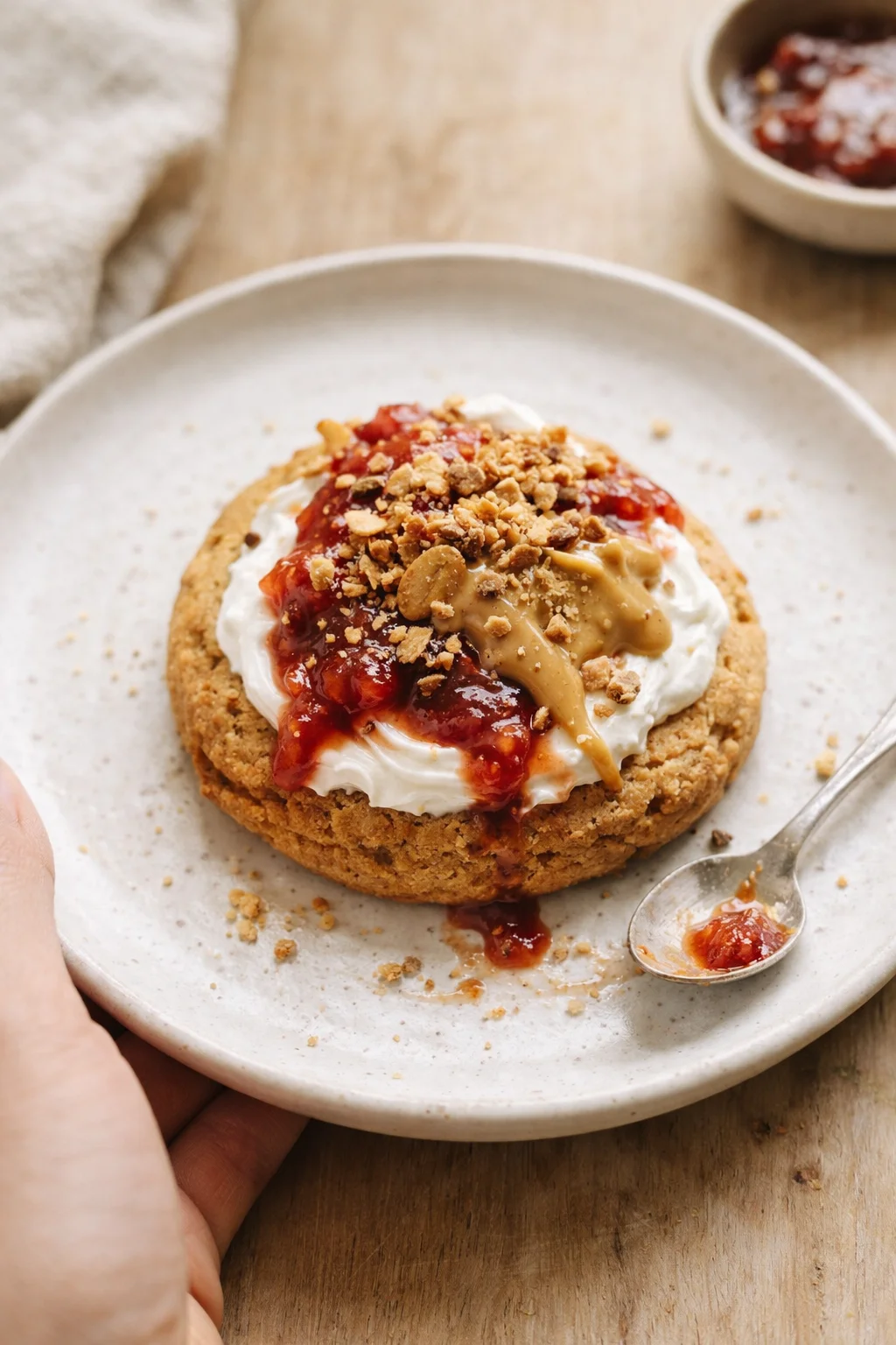 round cookie topped with whipped cream, jam, peanut butter, and crushed nuts on a white plate