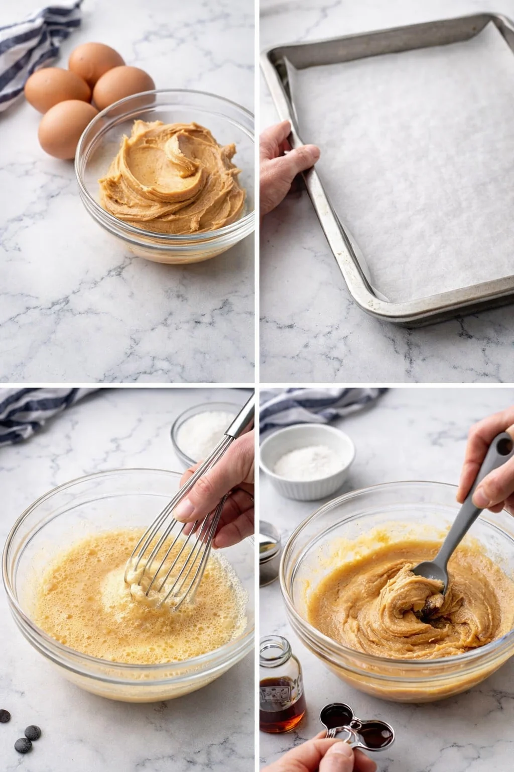 collage of peanut butter cookie dough steps: eggs, creamy batter, whisking, and a parchment-lined baking pan.