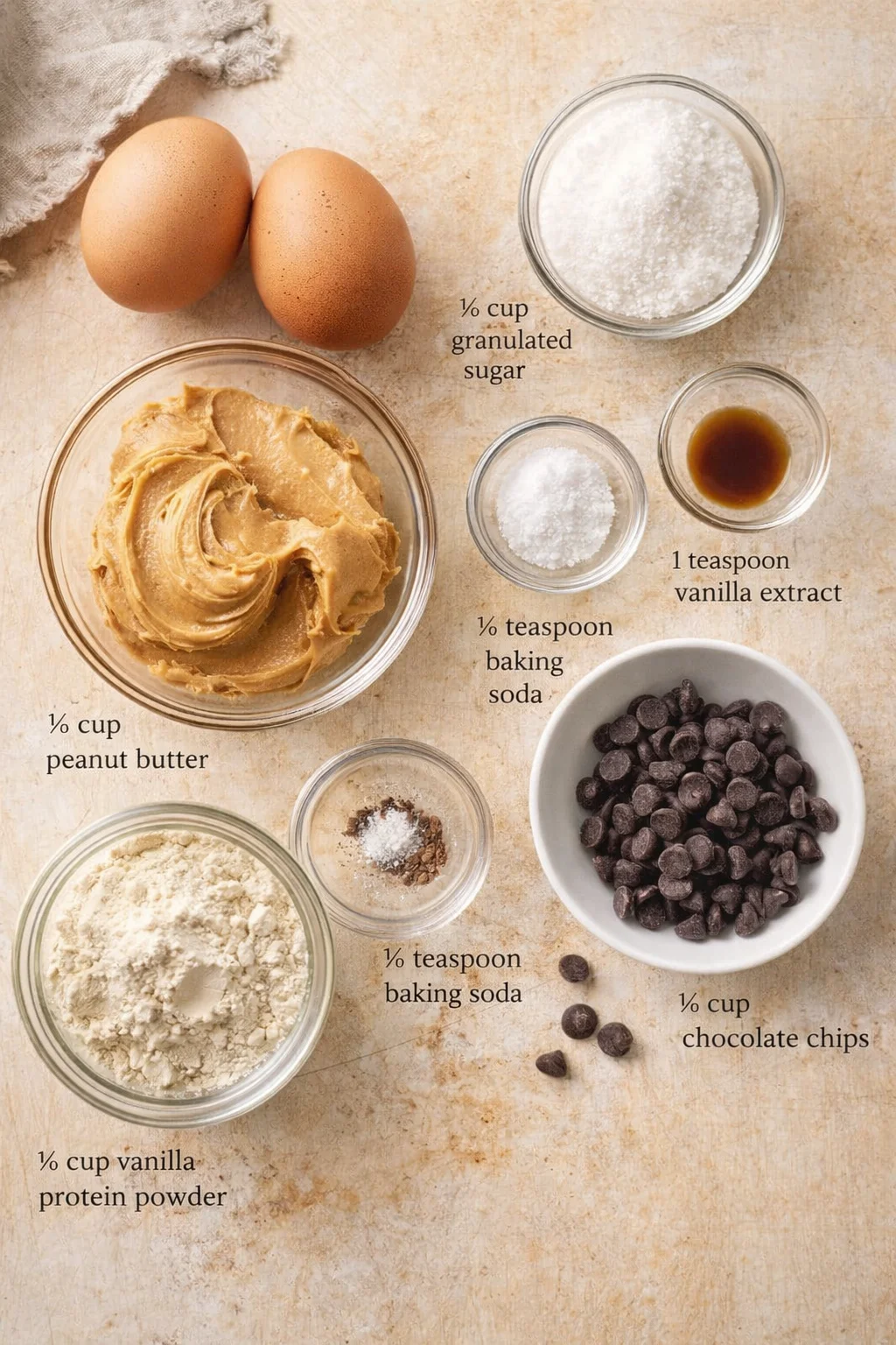 Overhead view of baking ingredients arranged on a warm beige countertop, including peanut butter and chocolate chips.