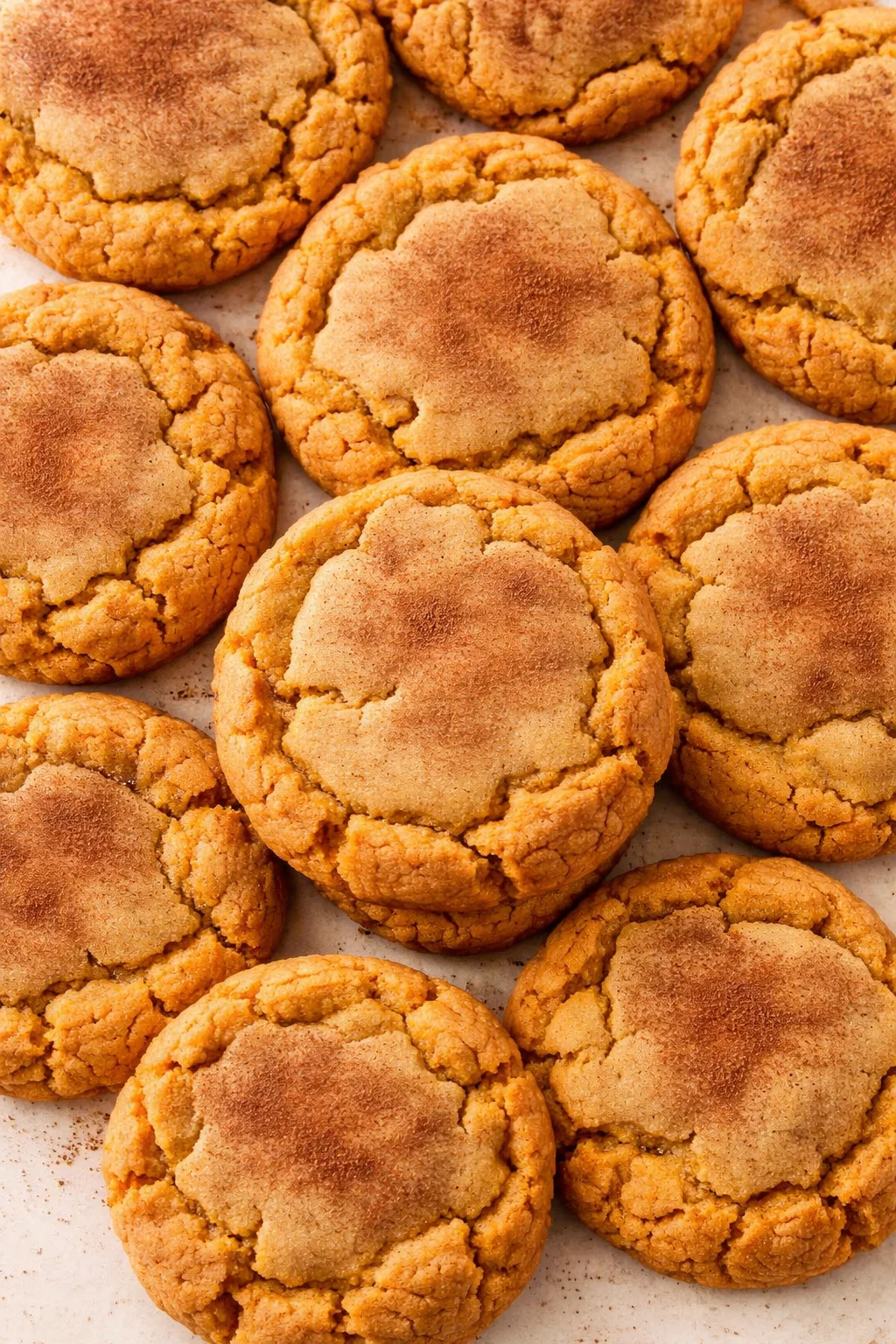 Close-up of golden peanut butter cookies arranged on parchment paper