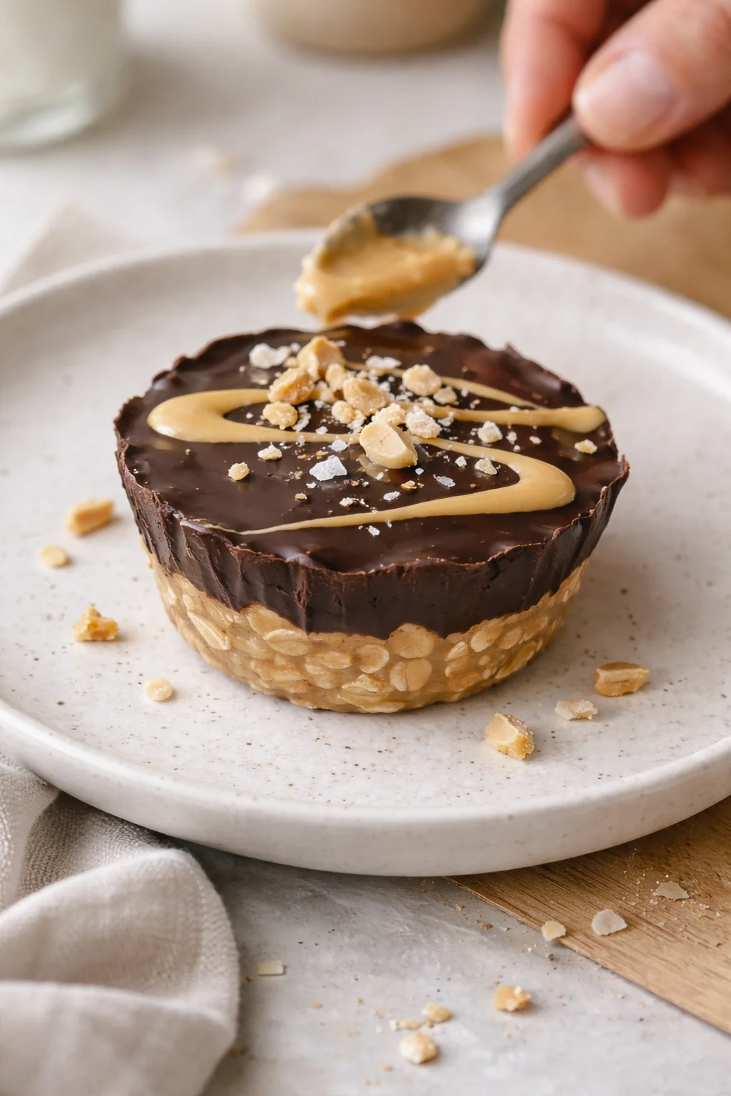 Glossy chocolate tart with oat crust, peanut-butter drizzle, and crushed nuts on a light plate.