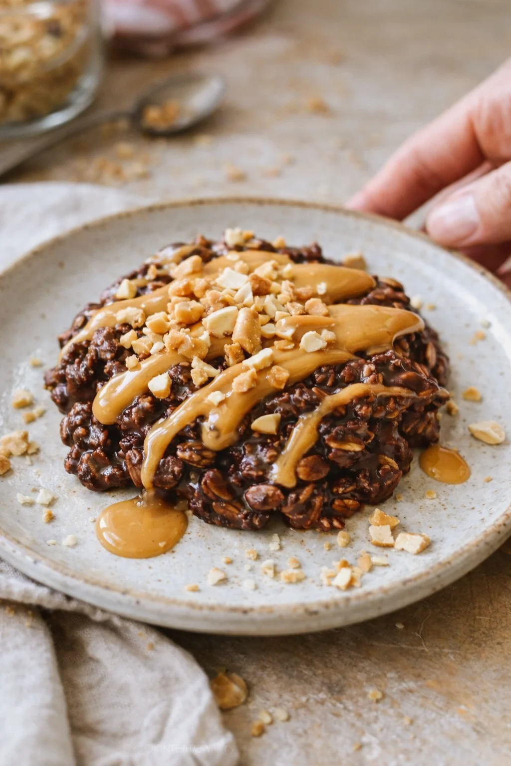 Chocolate rice-krispie dessert topped with peanut butter drizzle and crushed nuts on a speckled plate; hand visible nearby.