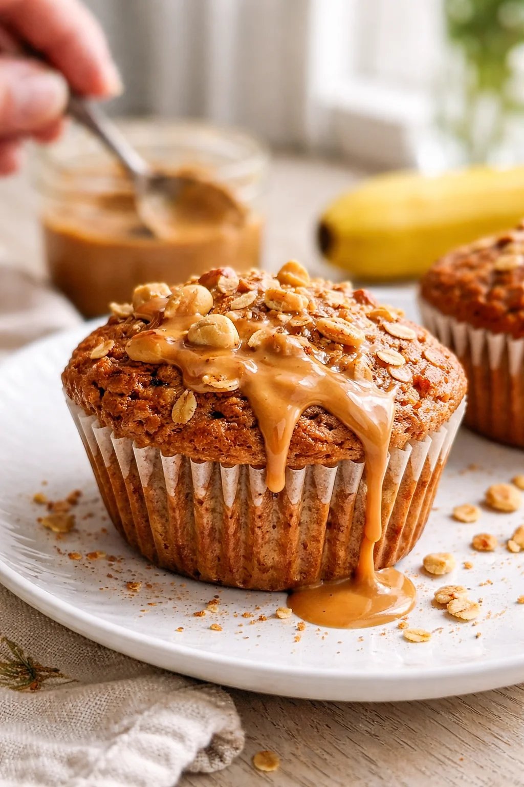 Close-up of a golden muffin topped with creamy peanut butter and oats.