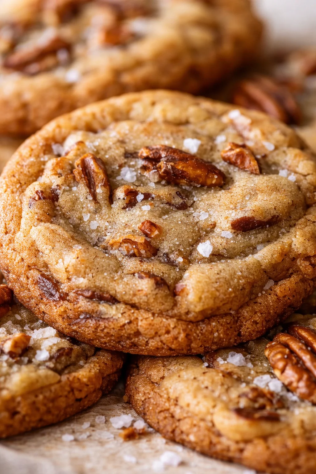 Close-up of golden pecan cookies with coarse sea salt on top.