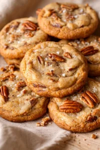 Golden pecan cookies stacked on a wooden surface, topped with pecan halves and sea salt.