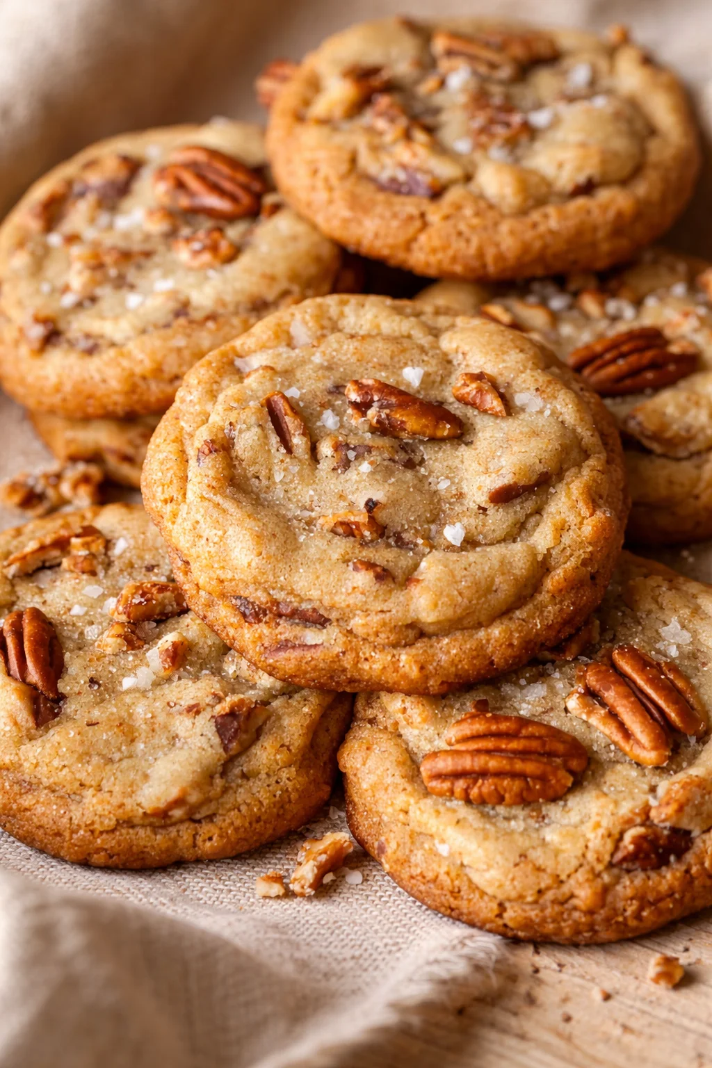 Golden pecan cookies stacked on a wooden surface, topped with pecan halves and sea salt.