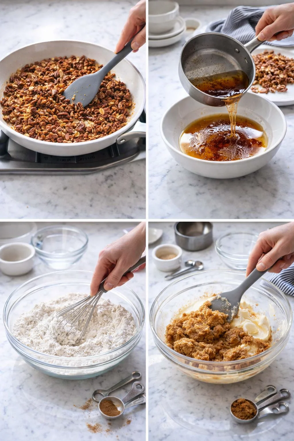four-panel kitchen montage showing nuts browning, caramel poured, flour whisked, batter mixed