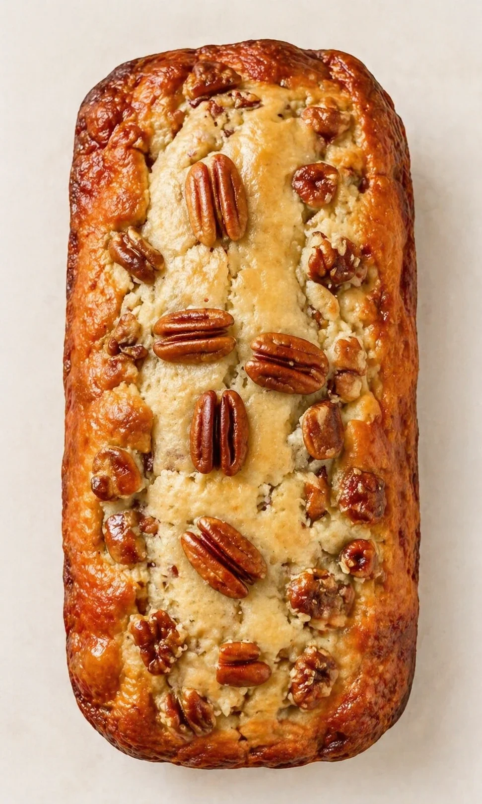 loaf of bread with pecans on top, golden-brown crust, neutral background