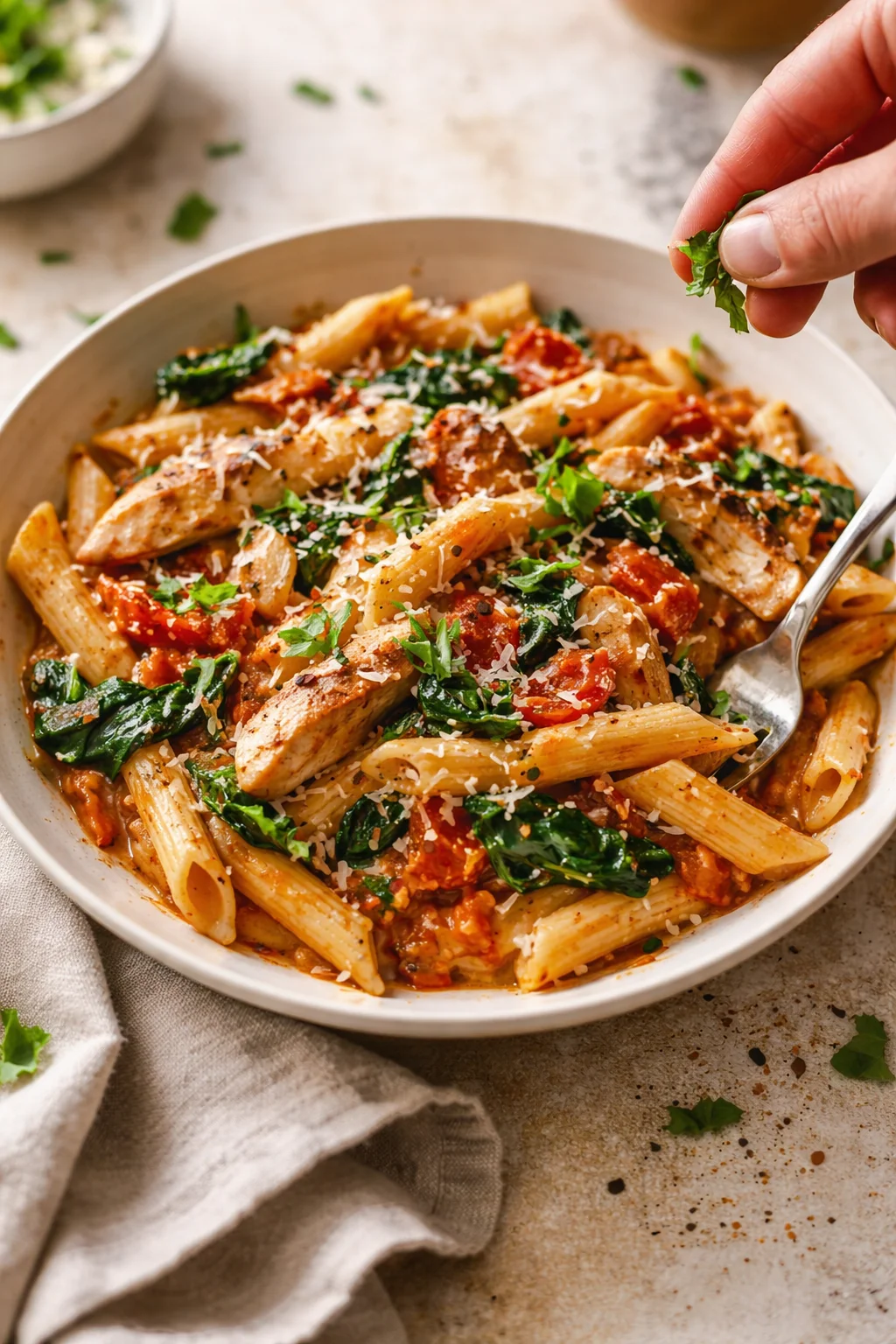 bowl of penne pasta in tomato sauce with greens and Parmesan, hand sprinkling parsley above