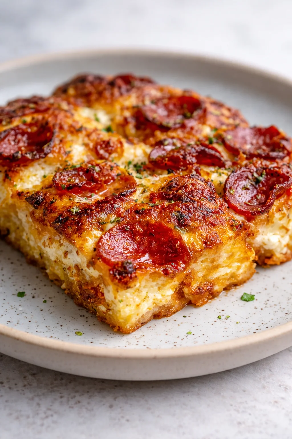 close-up of cheesy pepperoni bake slices on a light ceramic plate