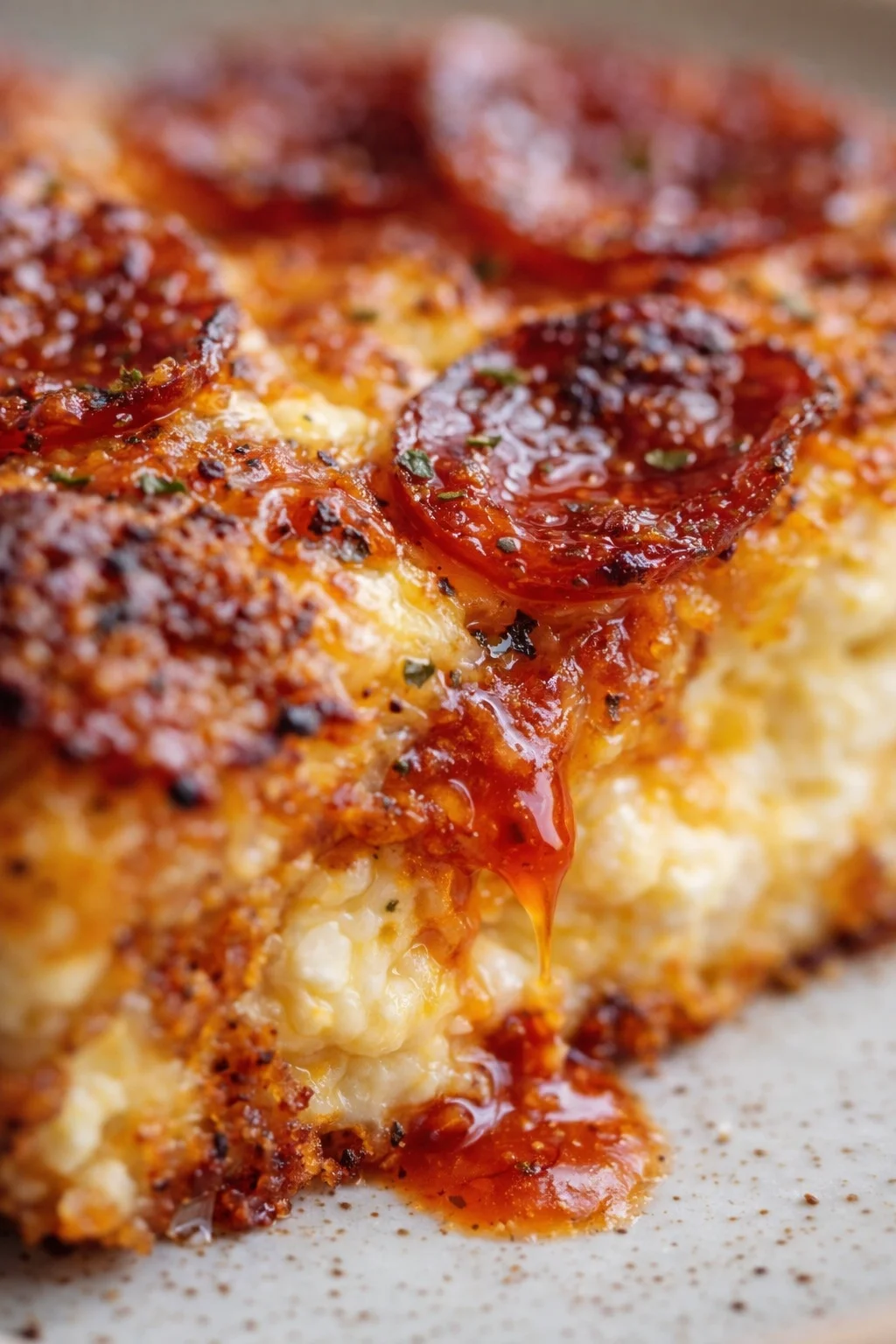 A close-up of a pepperoni pizza slice with melted cheese and a blistered crust.
