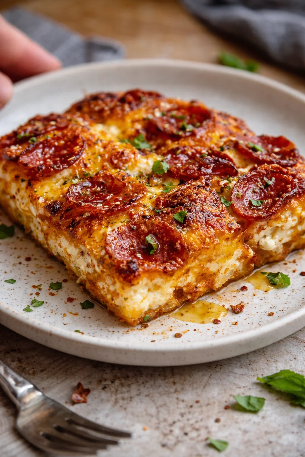 Close-up of a pepperoni-cheese bread slice on a beige plate, garnished with parsley.