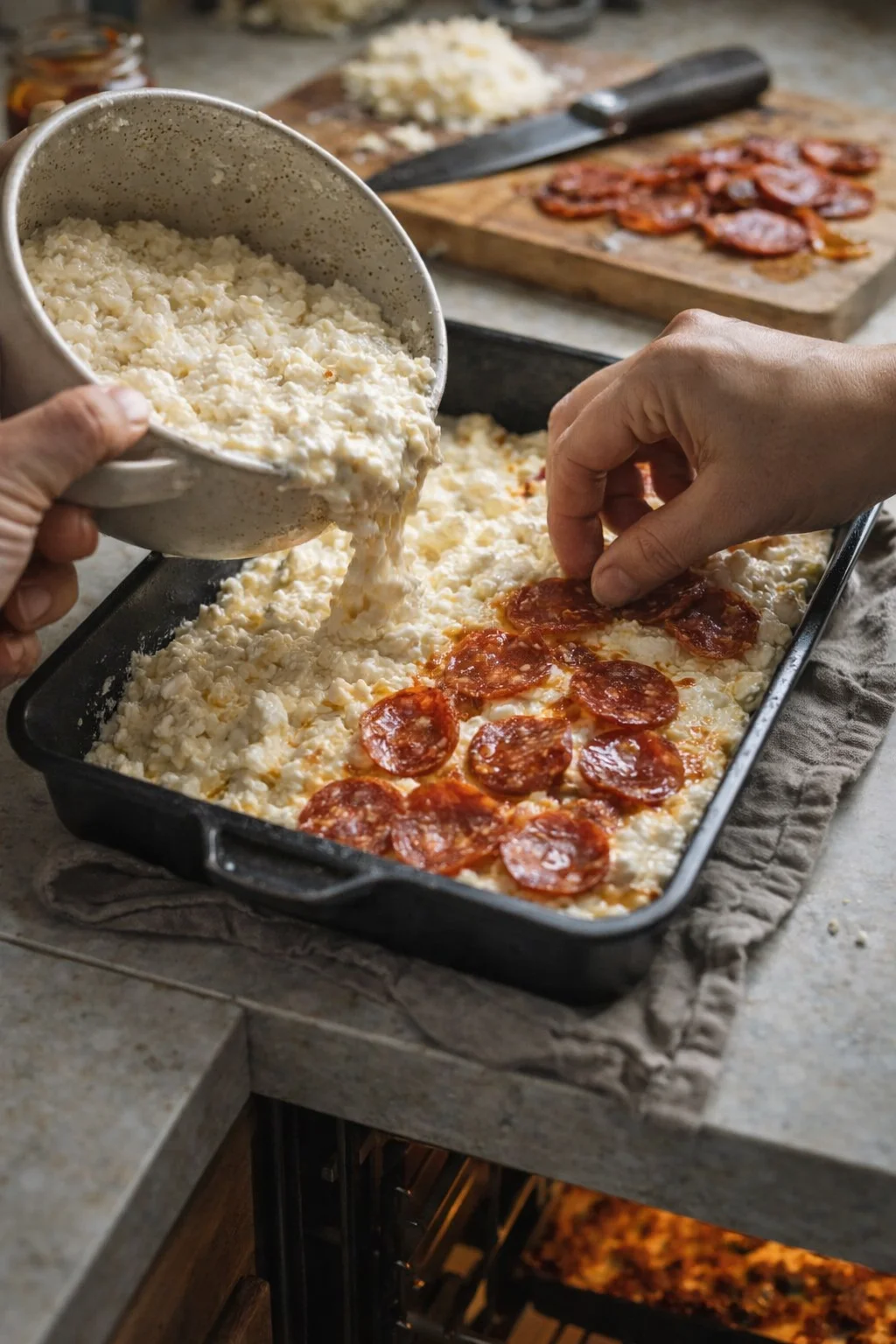 Hands pouring crumbly ricotta into a baking pan topped with pepperoni slices