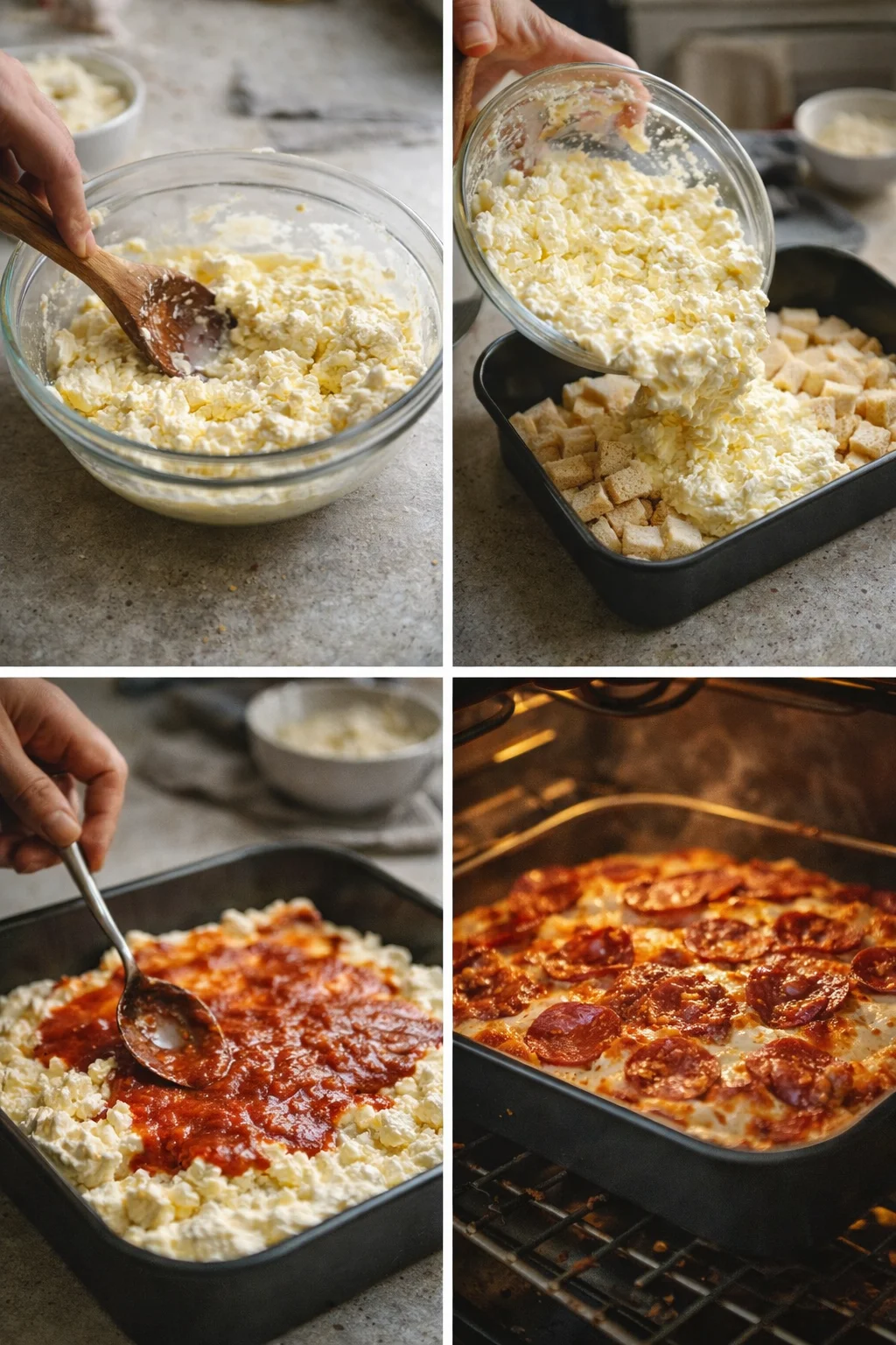 collage showing ricotta mixture, bread cubes, pepperoni topping, and oven-baked dish
