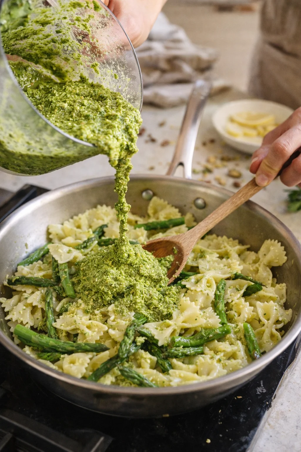Pesto being poured from a blender into a skillet of bow-tie pasta and asparagus.