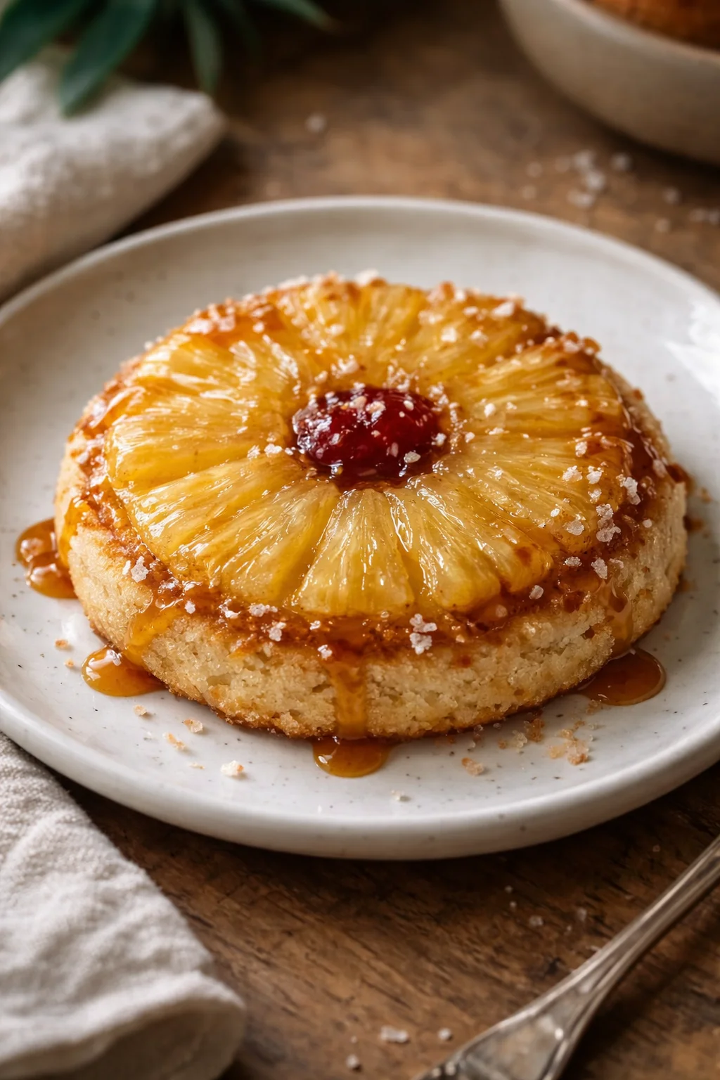 golden pineapple-topped cake with caramel drizzle and center cherry on a white plate