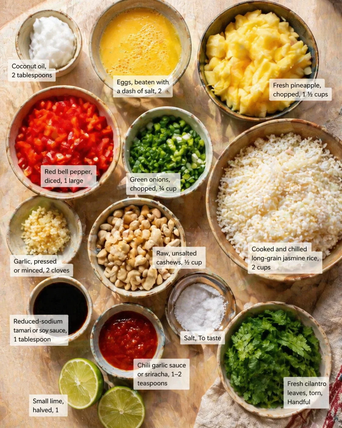 Overhead view of ingredients for pineapple-cashew fried rice: rice, pineapple, eggs, peppers, cashews, cilantro, lime, and sauces.