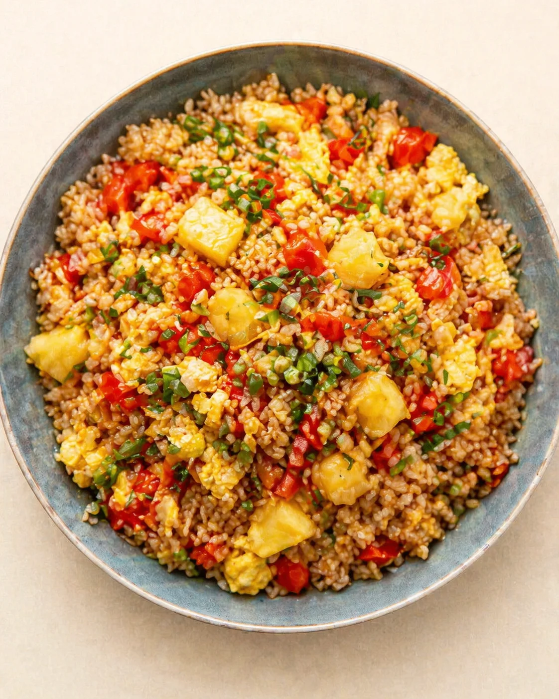 Blue ceramic bowl of pineapple fried rice with eggs, peppers, pineapple, and green onions.