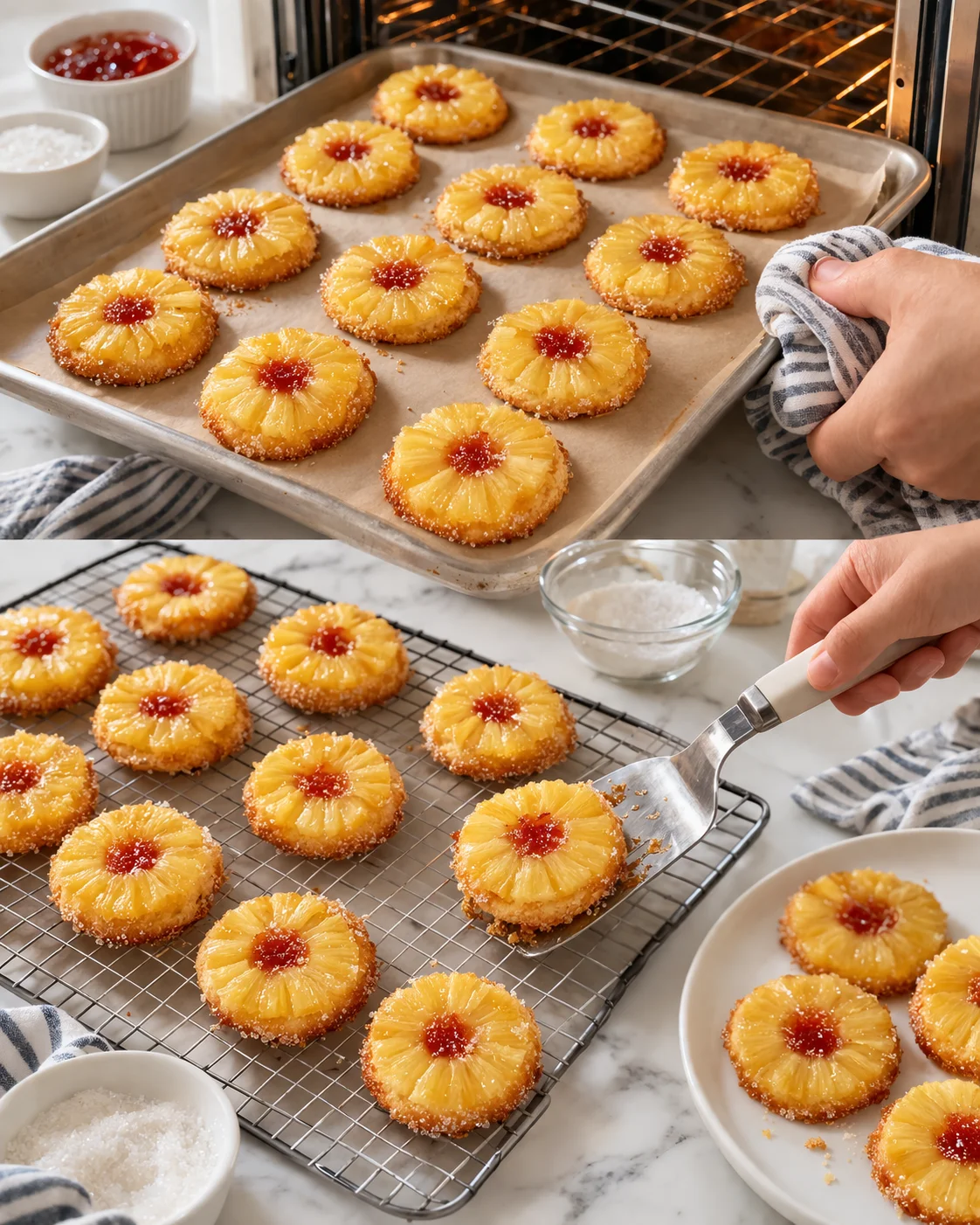 Golden pineapple-ring cookies with jam centers cooling on baking sheet and wire rack in a bright kitchen.