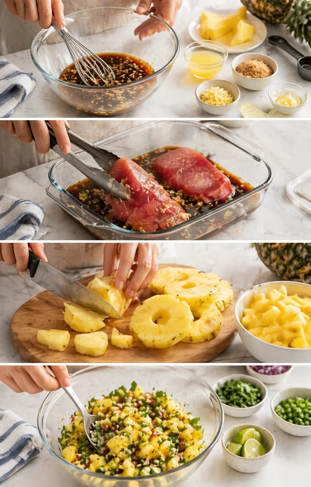Four-panel collage showing marinade whisking, tuna marinating, pineapple being sliced, and pineapple salsa being mixed