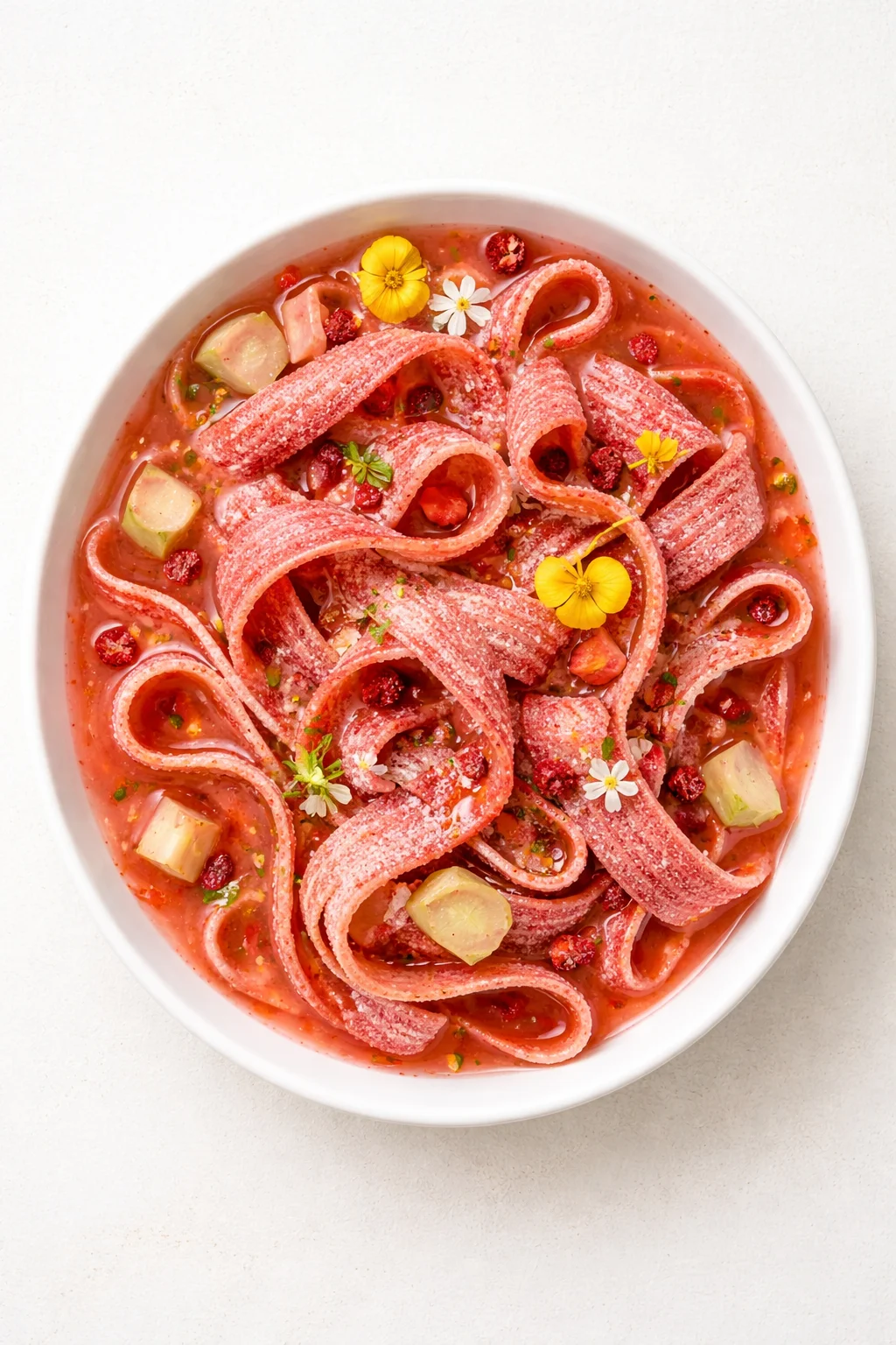 pink beet pasta ribbons in light pink sauce with zucchini cubes, edible flowers, and herbs