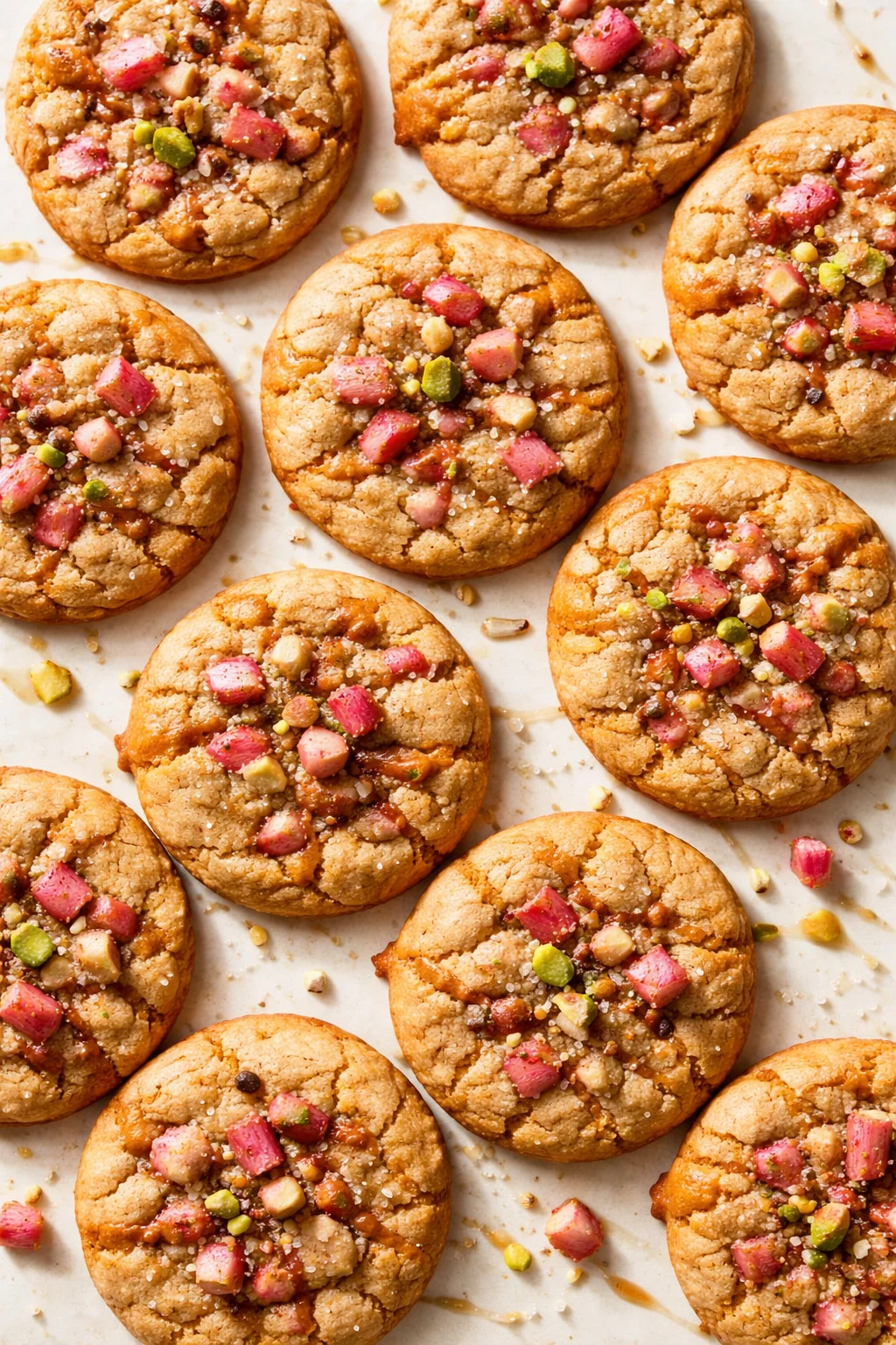 golden-brown cookies topped with pink candied fruit and green pistachios on parchment paper