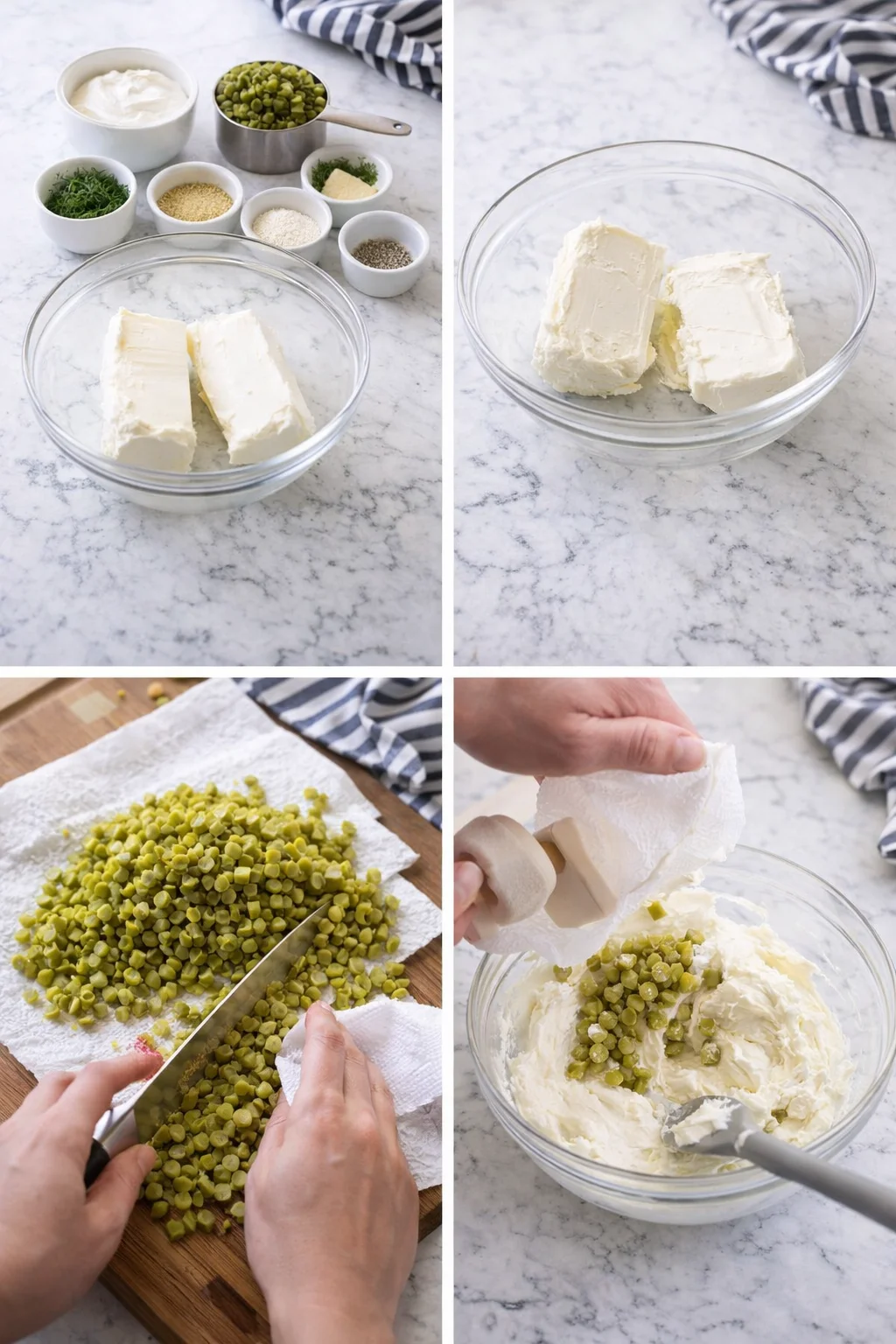 Four-panel collage of cream cheese blocks, pistachios, and prep steps on a marble kitchen counter.