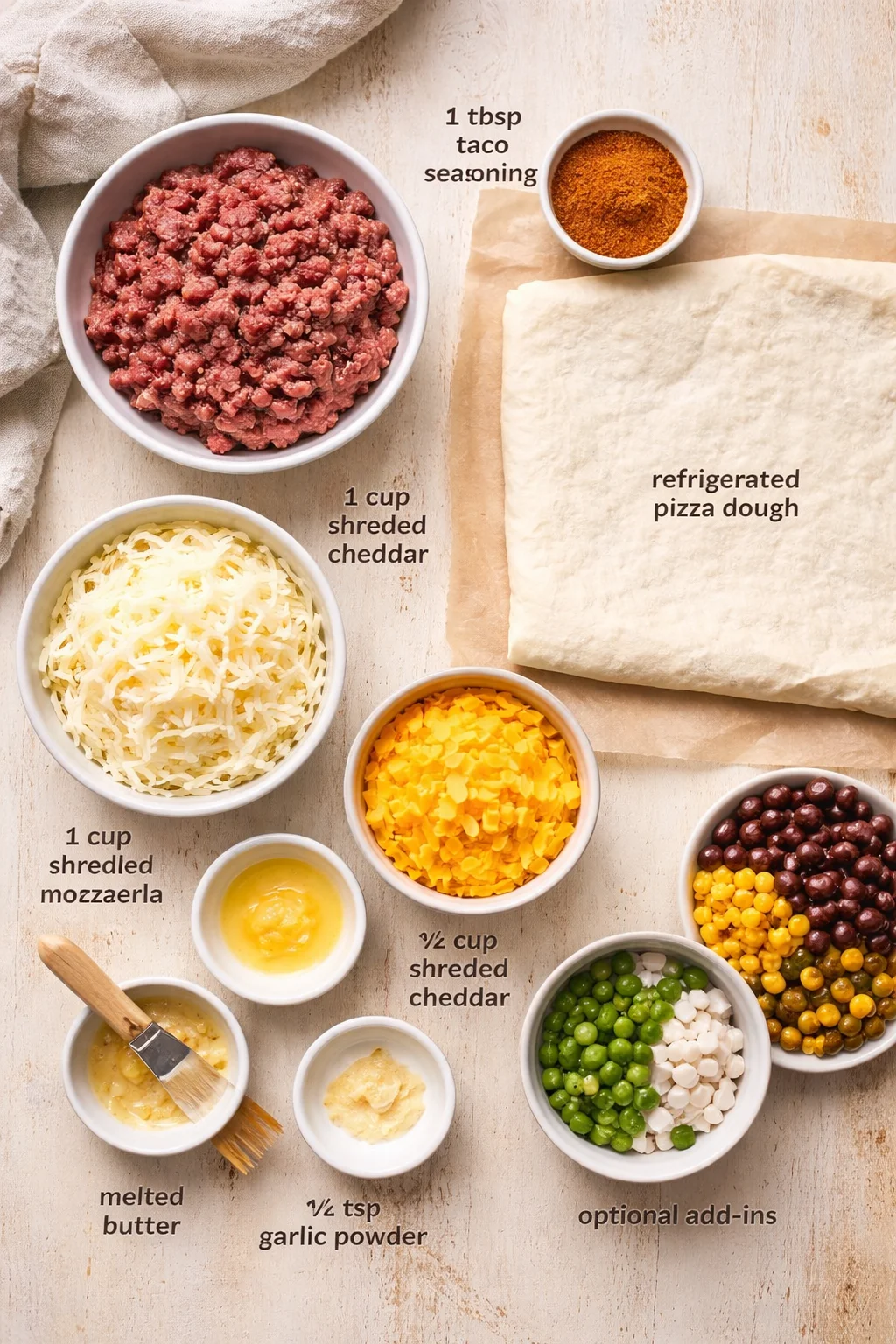 Overhead view of pizza dough with bowls of beef, cheeses, seasonings, and add-ins on a wooden surface