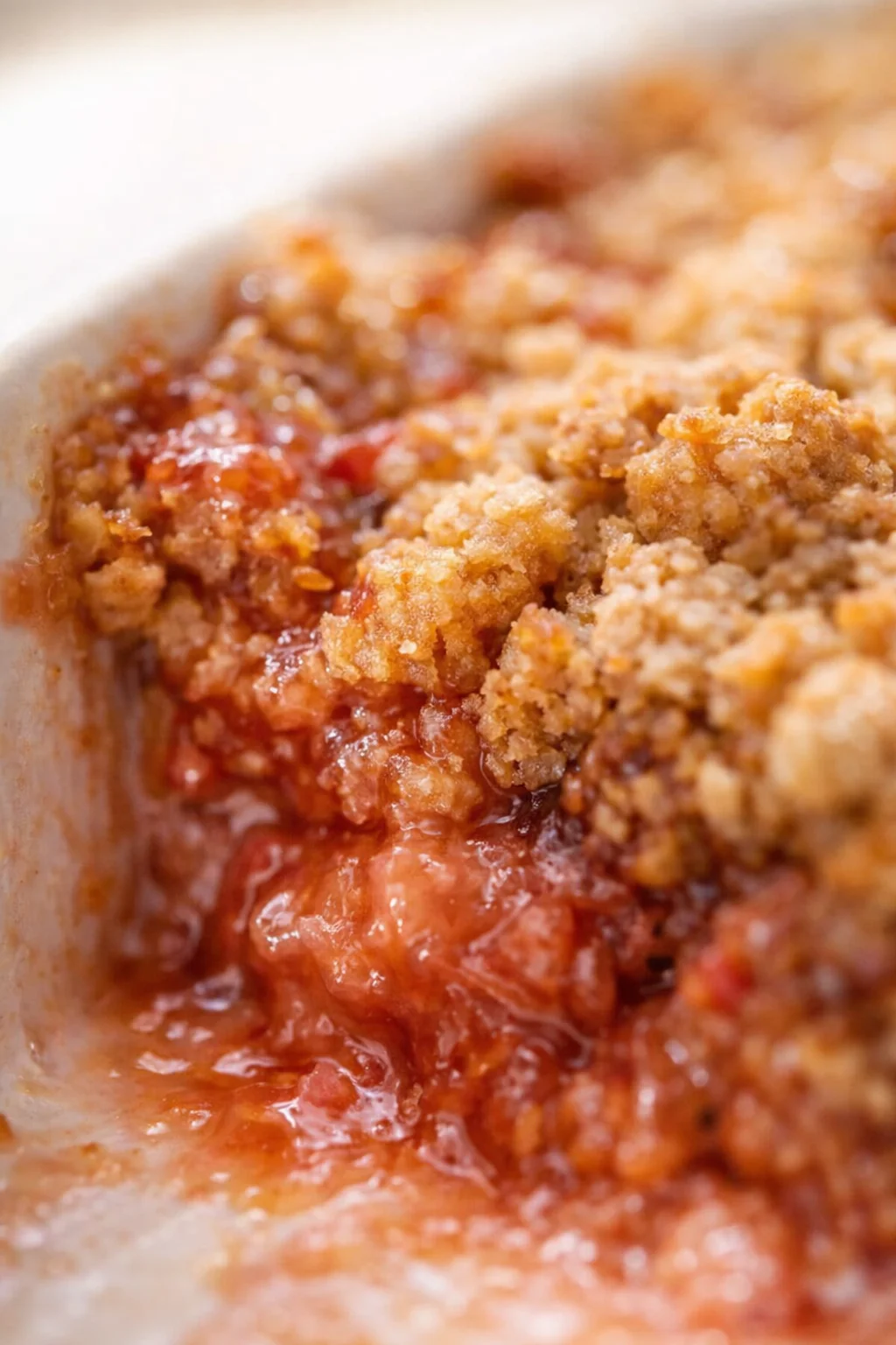 Close-up of golden-brown crumble topping over bubbling red fruit filling in a baking dish.
