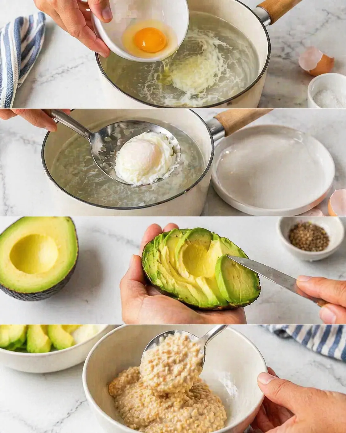 Four-panel collage showing poached-egg steps, avocado preparation, and a creamy side mixture.