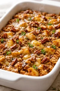 baked potato and ground beef casserole with cheese, pecan bits, and herbs.