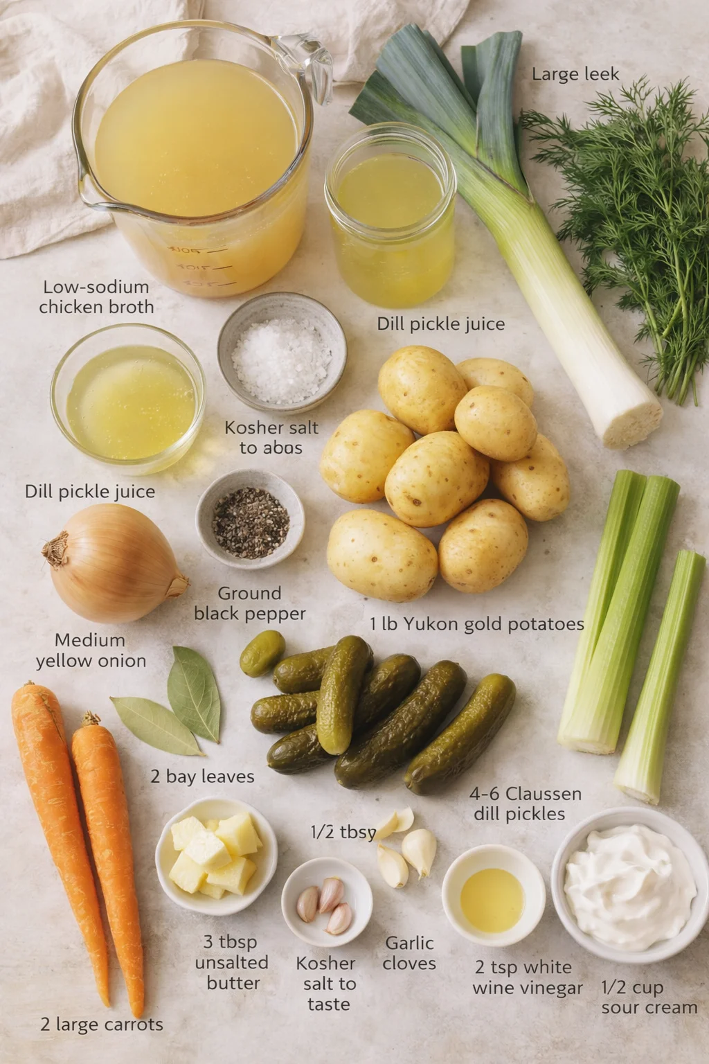 Top-down flat lay of ingredients for potato-leek dish, with labeled items like potatoes, leeks, carrots, dill pickles, butter, and sour cream.