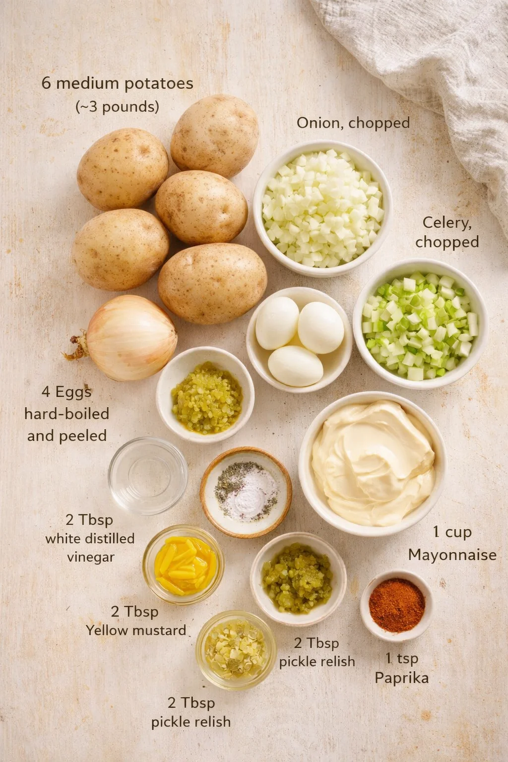 Top-down flat lay of potato salad ingredients arranged on a light wooden surface.