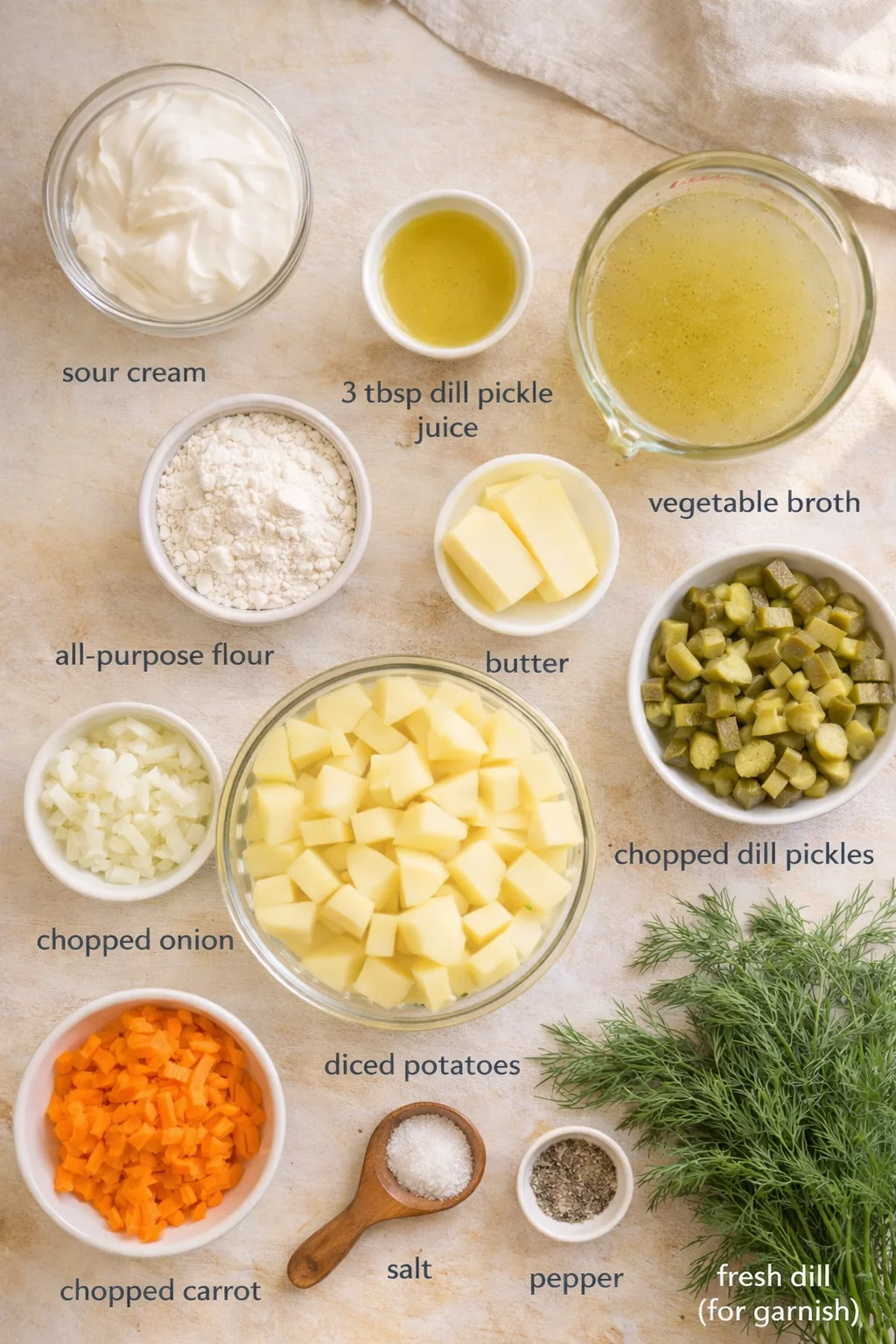 top-down view of potatoes, onions, carrots, pickles, dill, sour cream, and flour ingredients laid out