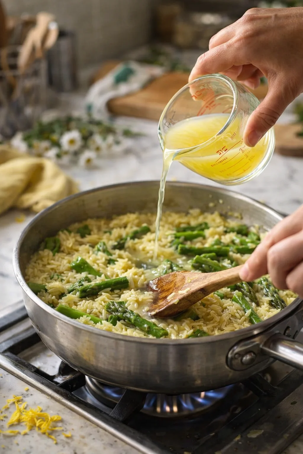 Pouring broth into a skillet with rice and asparagus on a gas stove.