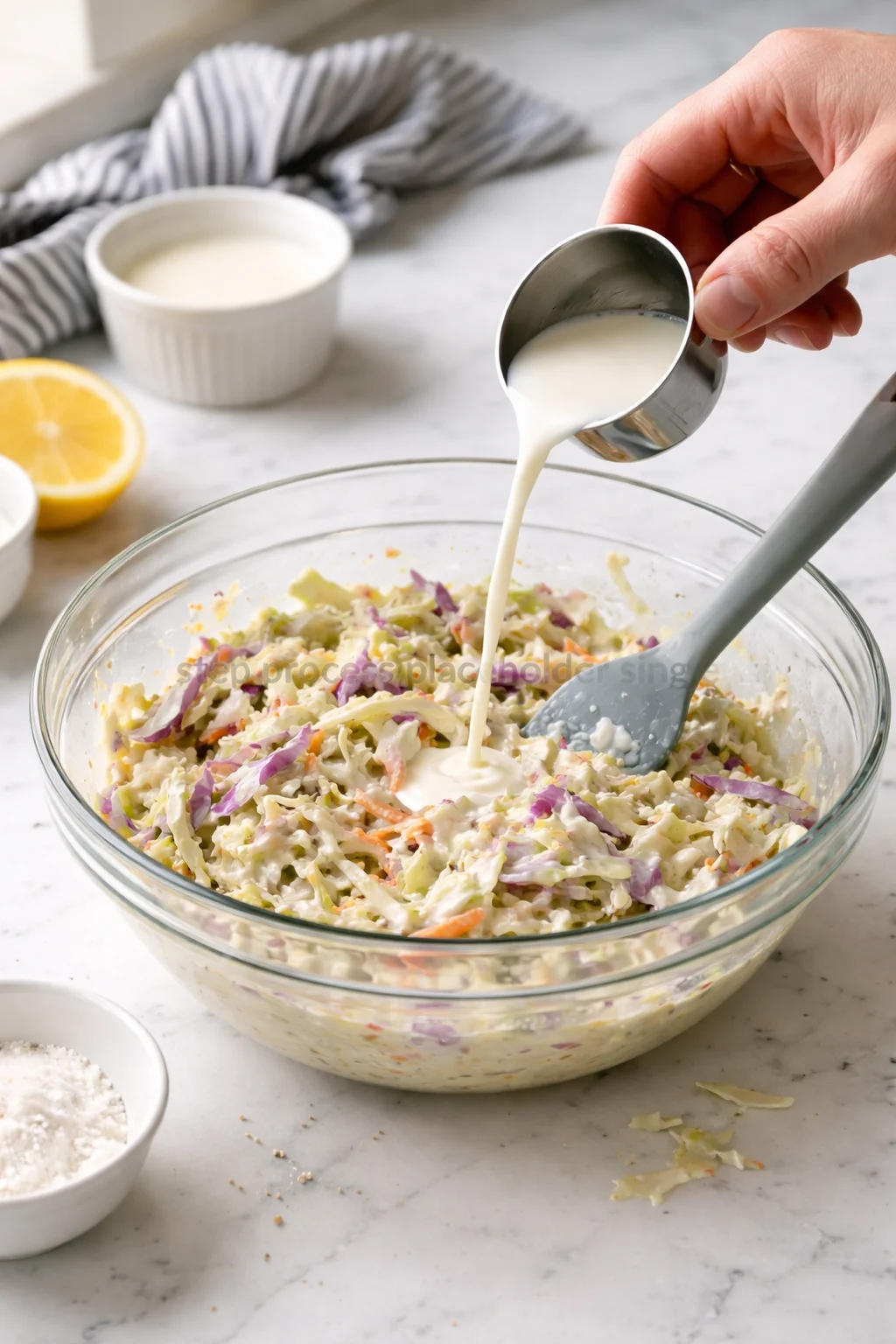 hand pours cream into a glass bowl of shredded cabbage and carrots with a spatula