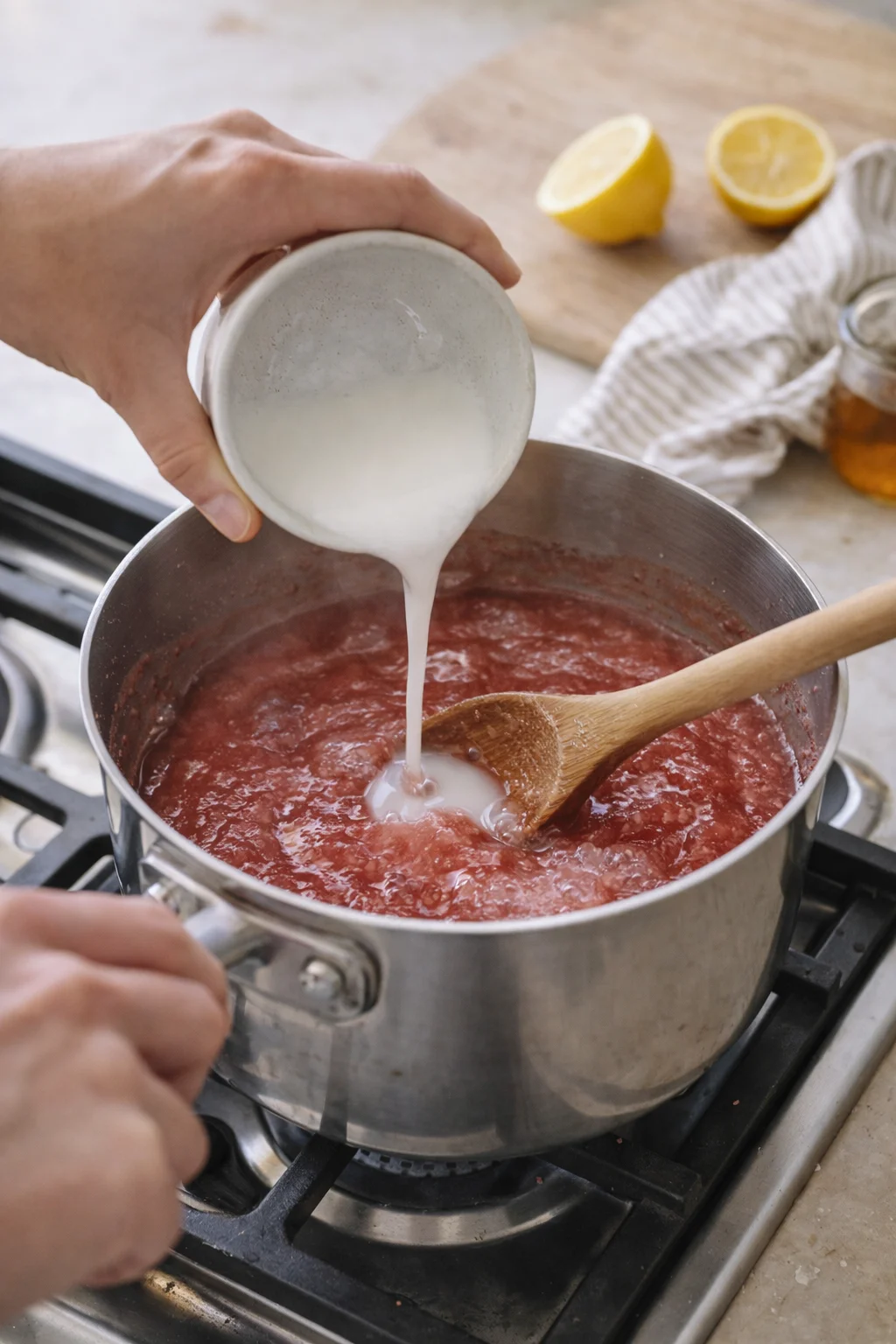 hand pours cream into a simmering red tomato sauce in a stainless pot on the stove