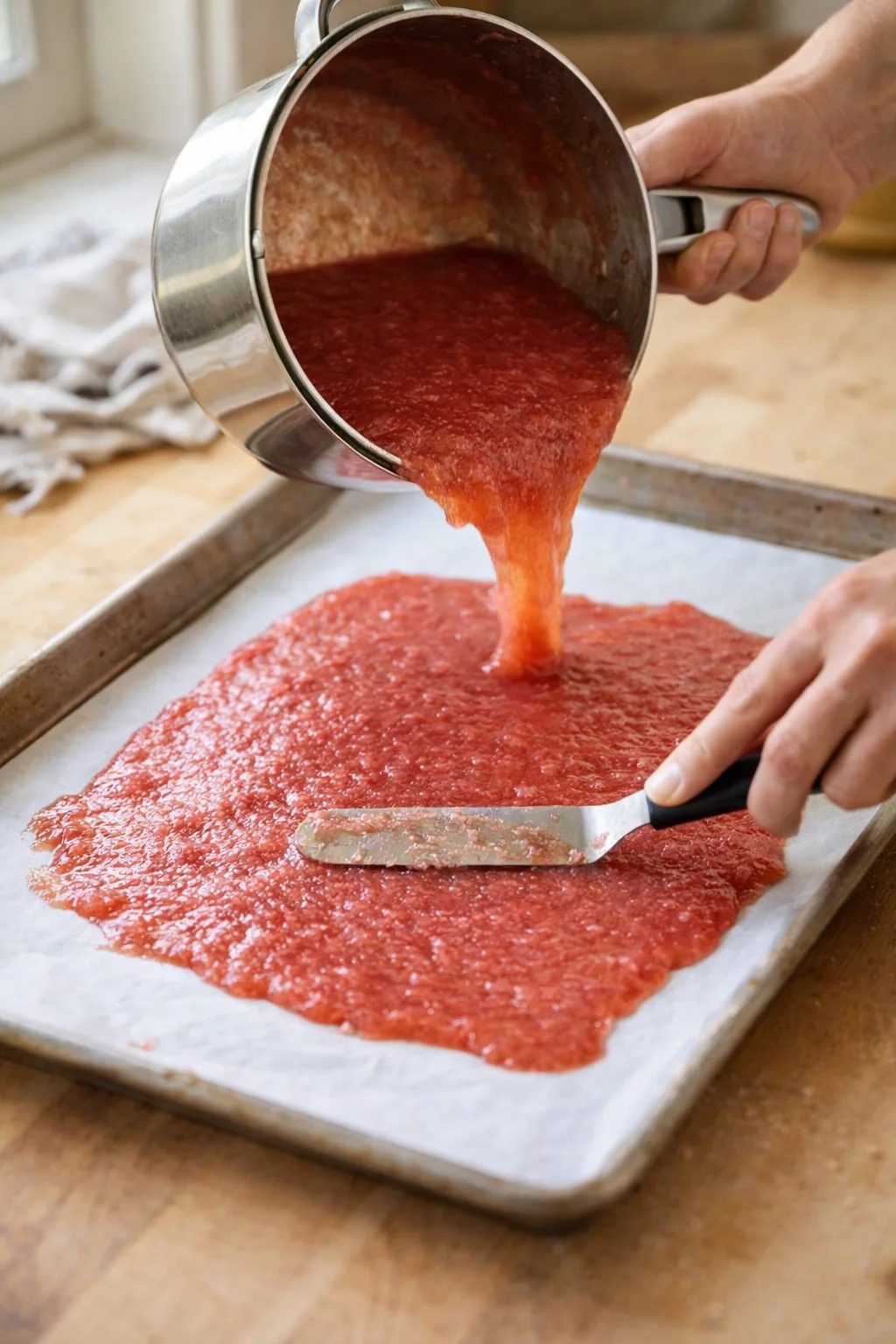 hands pouring red tomato sauce from a stainless pot onto parchment-lined baking sheet.