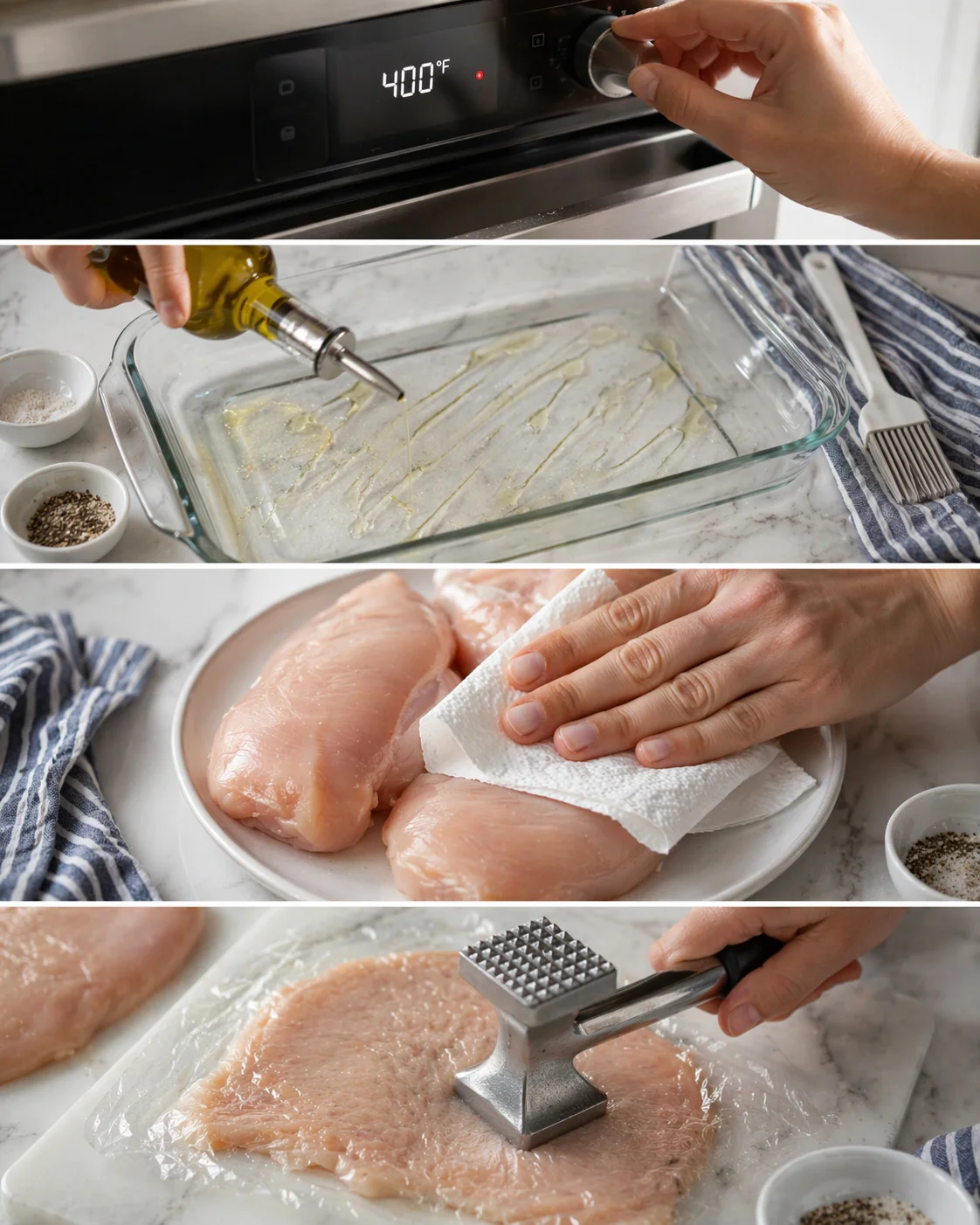 Four-panel kitchen sequence: oven warming, oiling a glass dish, patting raw chicken, pounding with a mallet.