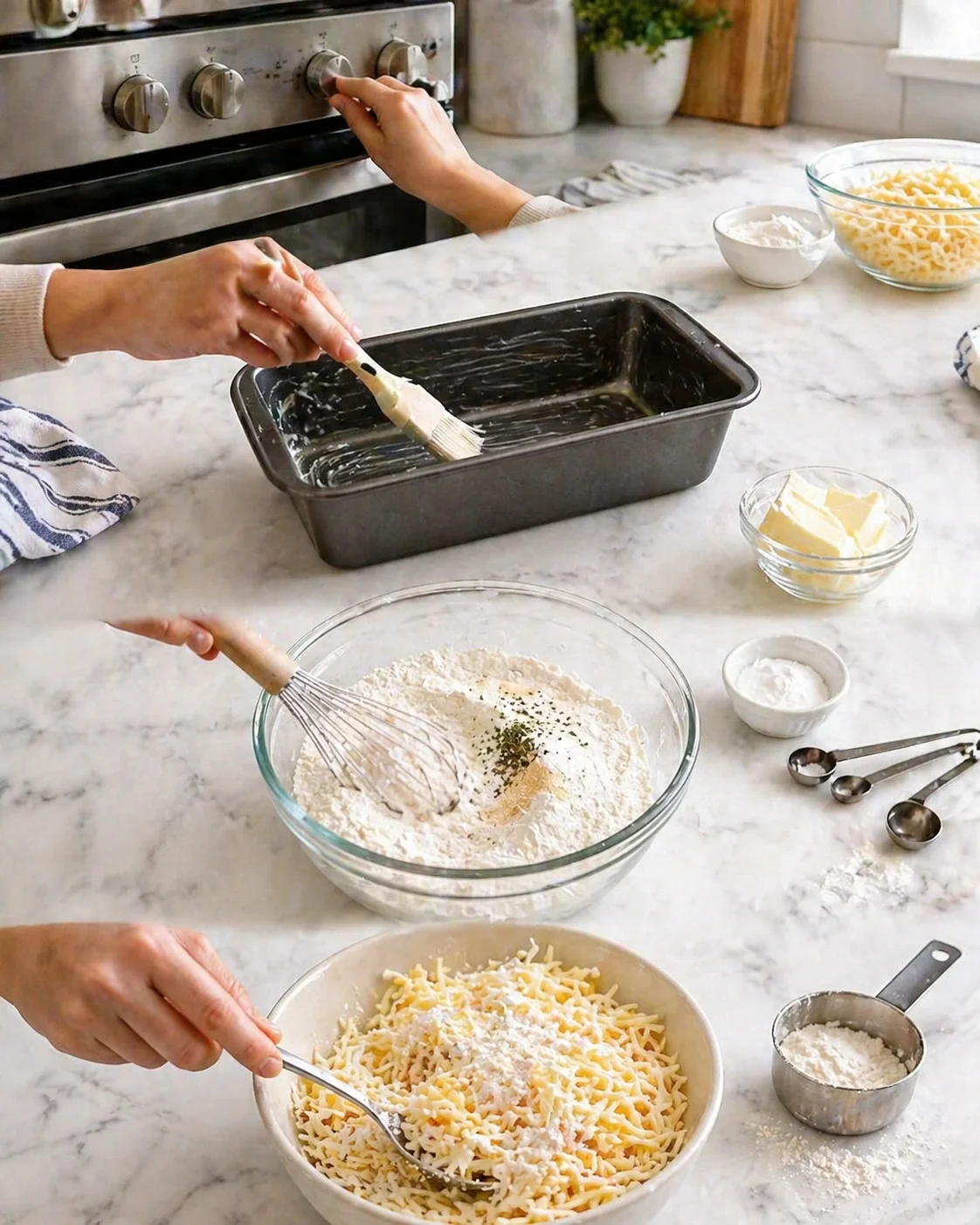 Hands brush butter inside a dark loaf pan; flour is whisked nearby on a marble countertop.
