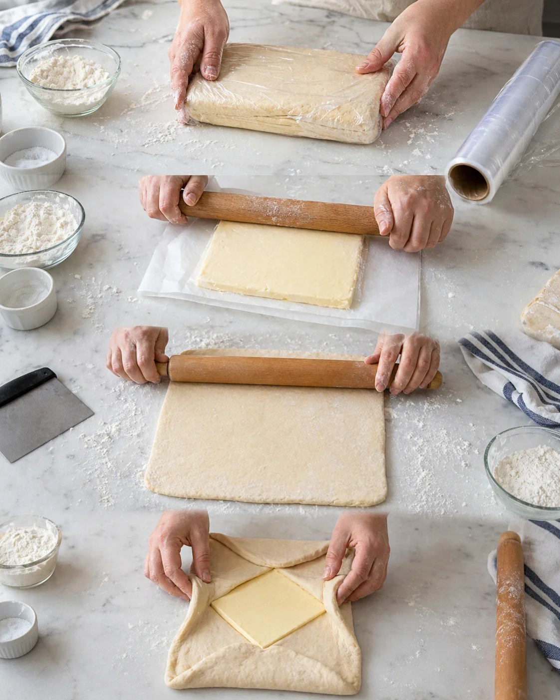 Hands rolling dough with rolling pin, butter square between dough sheets on marble counter.