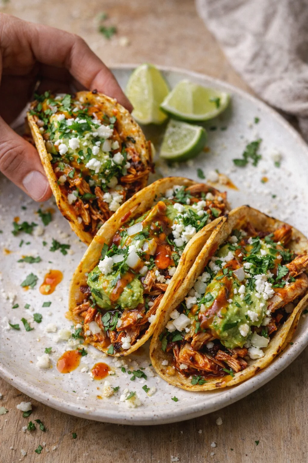 hand-held taco stuffed with shredded pork, avocado, cheese, cilantro on a white plate with lime wedges.