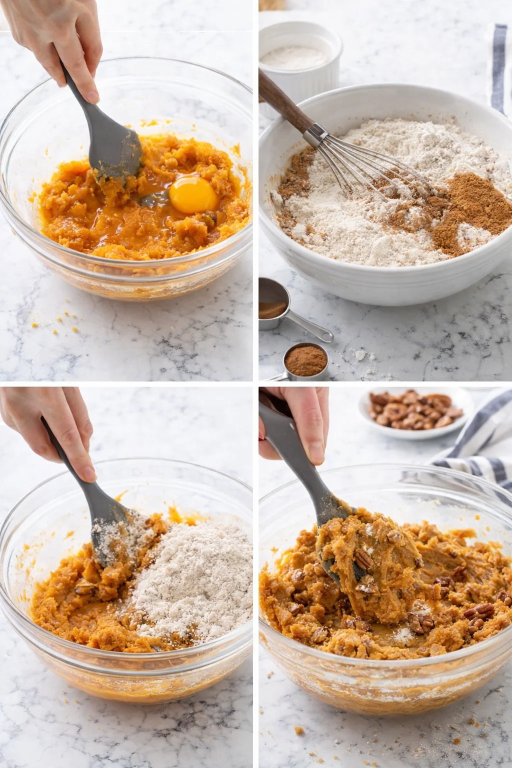 four-panel collage showing hands mixing pumpkin batter with flour, spices, and pecans on a marble countertop